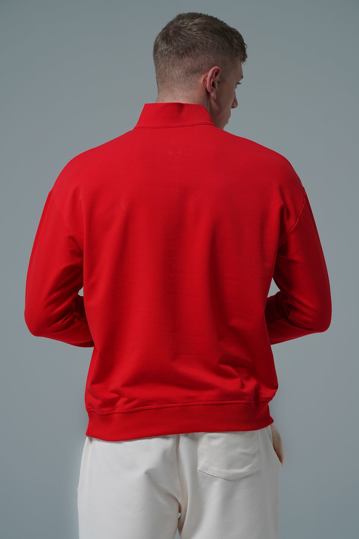 Daily Core - Kırmızı Yarım Fermuarlı Pamuklu Erkek Oversize Sweatshirt