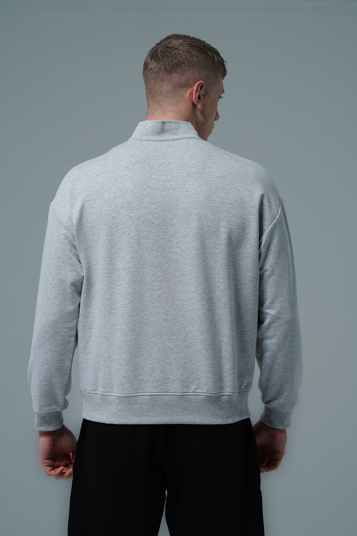 Daily Core - Gri Melanj Yarım Fermuarlı Pamuklu Erkek Oversize Sweatshirt