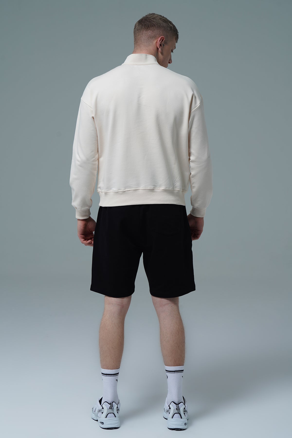 Daily Core - Bej Yarım Fermuarlı Pamuklu Erkek Oversize Sweatshirt