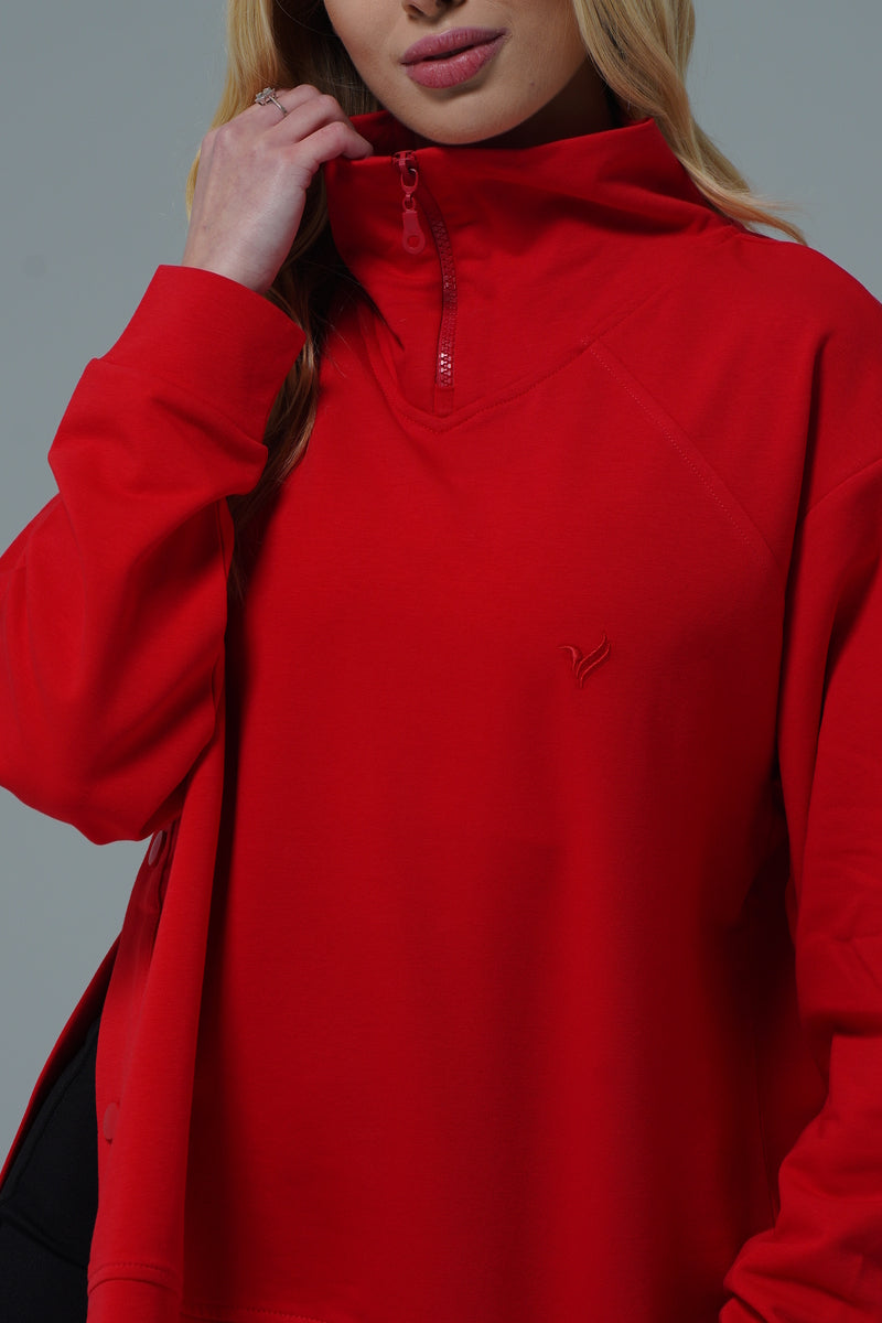 Daily Core - Kırmızı Oversize Yarım Fermuarlı Crop Sweatshirt