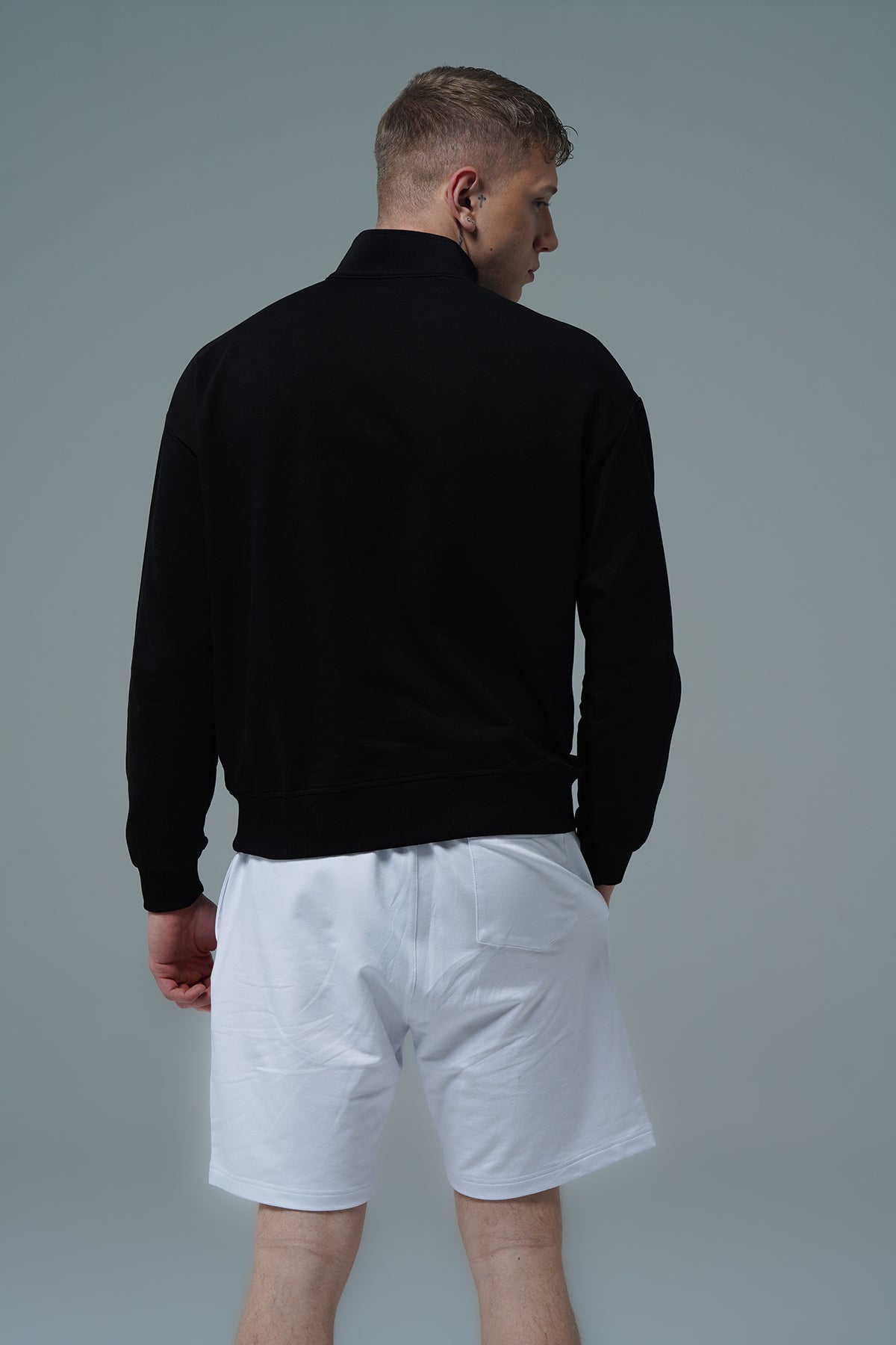 Daily Core - Siyah Yarım Fermuarlı Pamuklu Erkek Oversize Sweatshirt