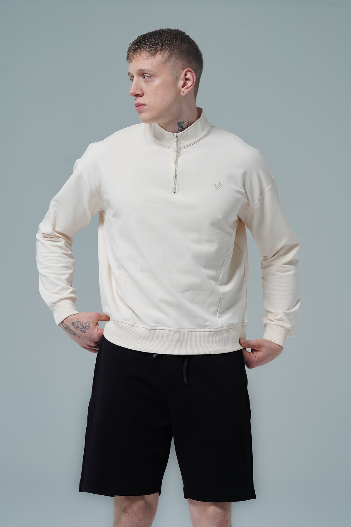 Daily Core - Bej Yarım Fermuarlı Pamuklu Erkek Oversize Sweatshirt