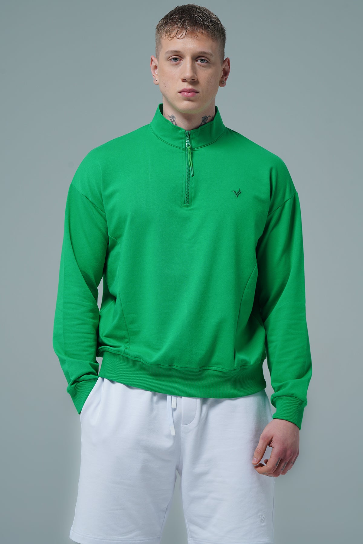Daily Core - Yeşil Yarım Fermuarlı Pamuklu Erkek Oversize Sweatshirt