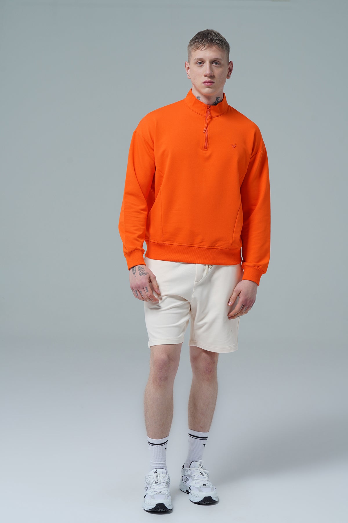 Daily Core - Turuncu Yarım Fermuarlı Pamuklu Erkek Oversize Sweatshirt