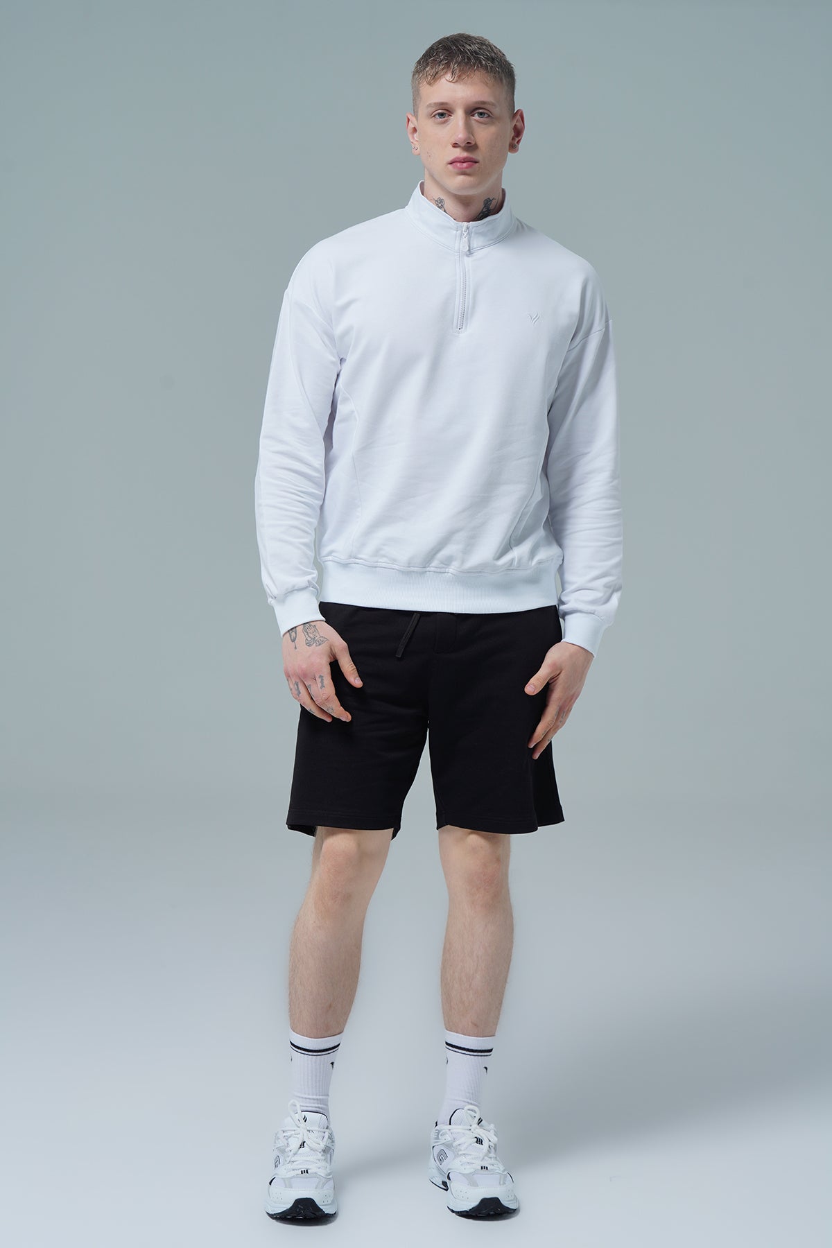Daily Core - Beyaz Yarım Fermuarlı Pamuklu Erkek Oversize Sweatshirt
