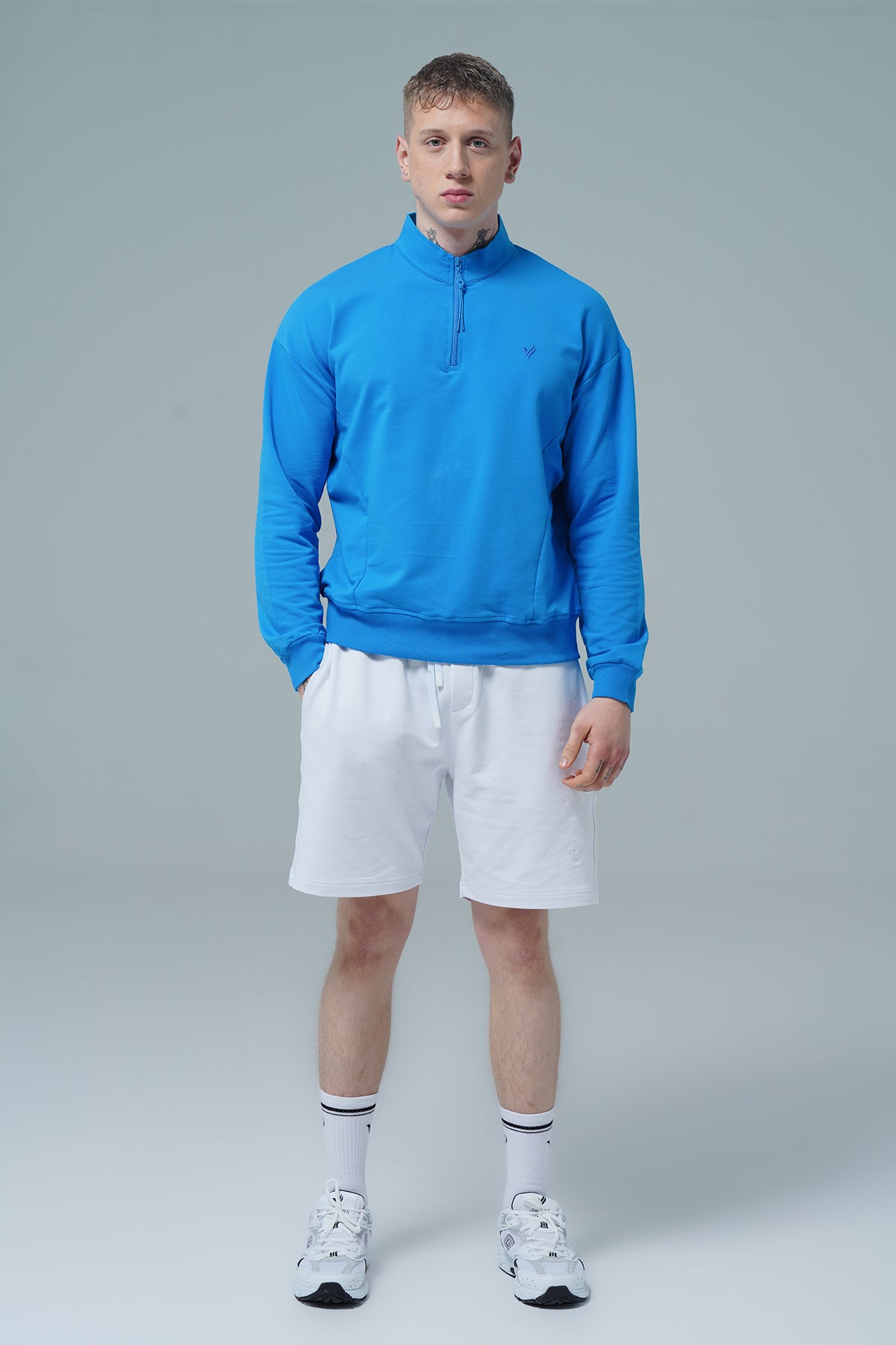 Daily Core - Mavi Yarım Fermuarlı Pamuklu Erkek Oversize Sweatshirt