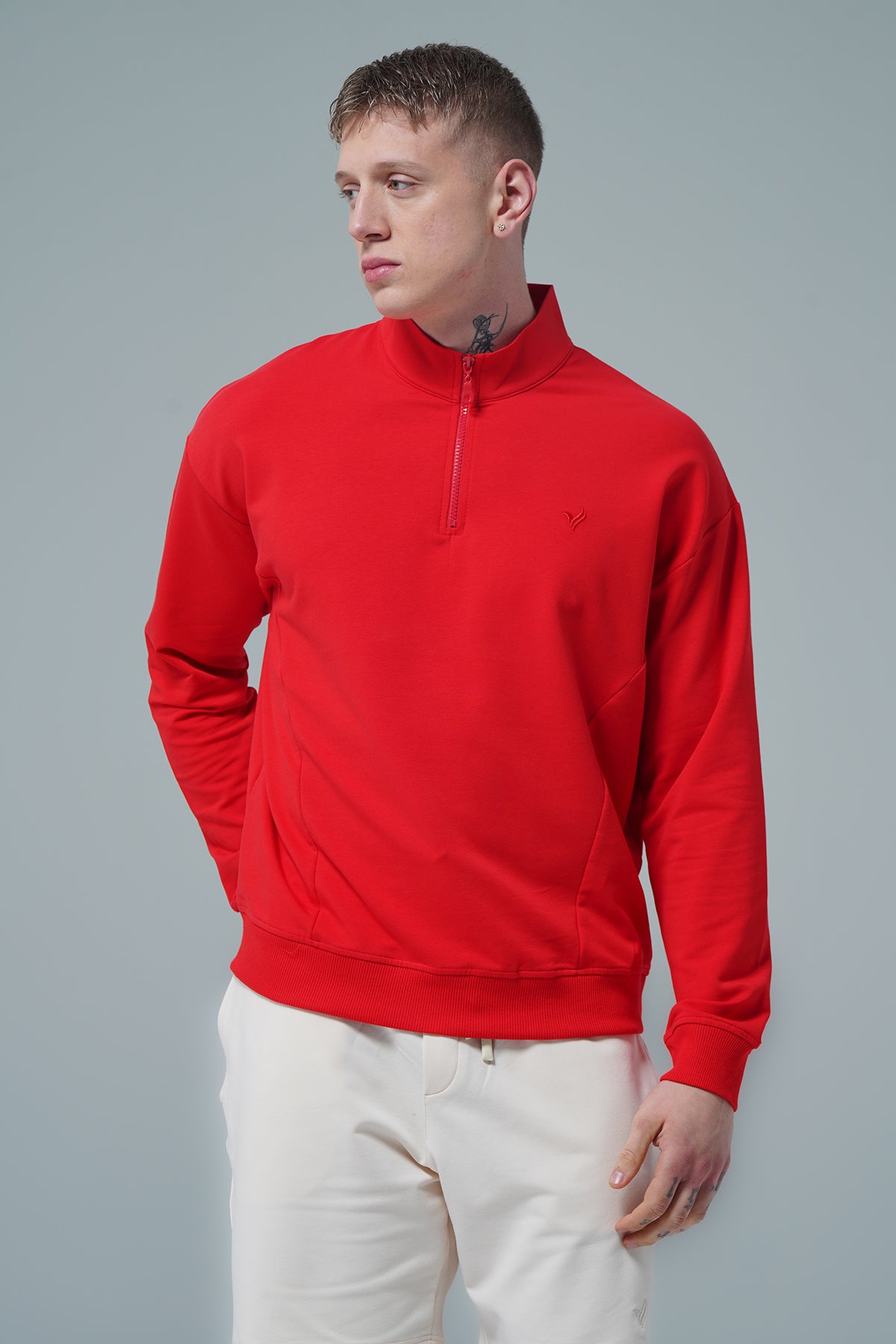 Daily Core - Kırmızı Yarım Fermuarlı Pamuklu Erkek Oversize Sweatshirt