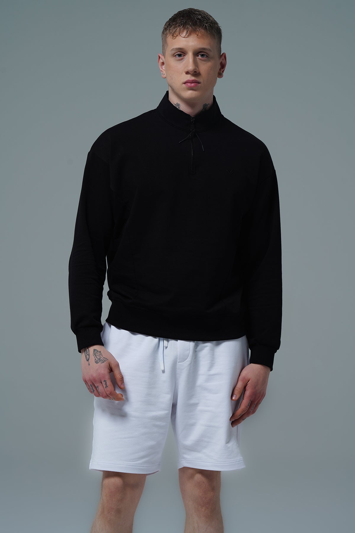 Daily Core - Siyah Yarım Fermuarlı Pamuklu Erkek Oversize Sweatshirt