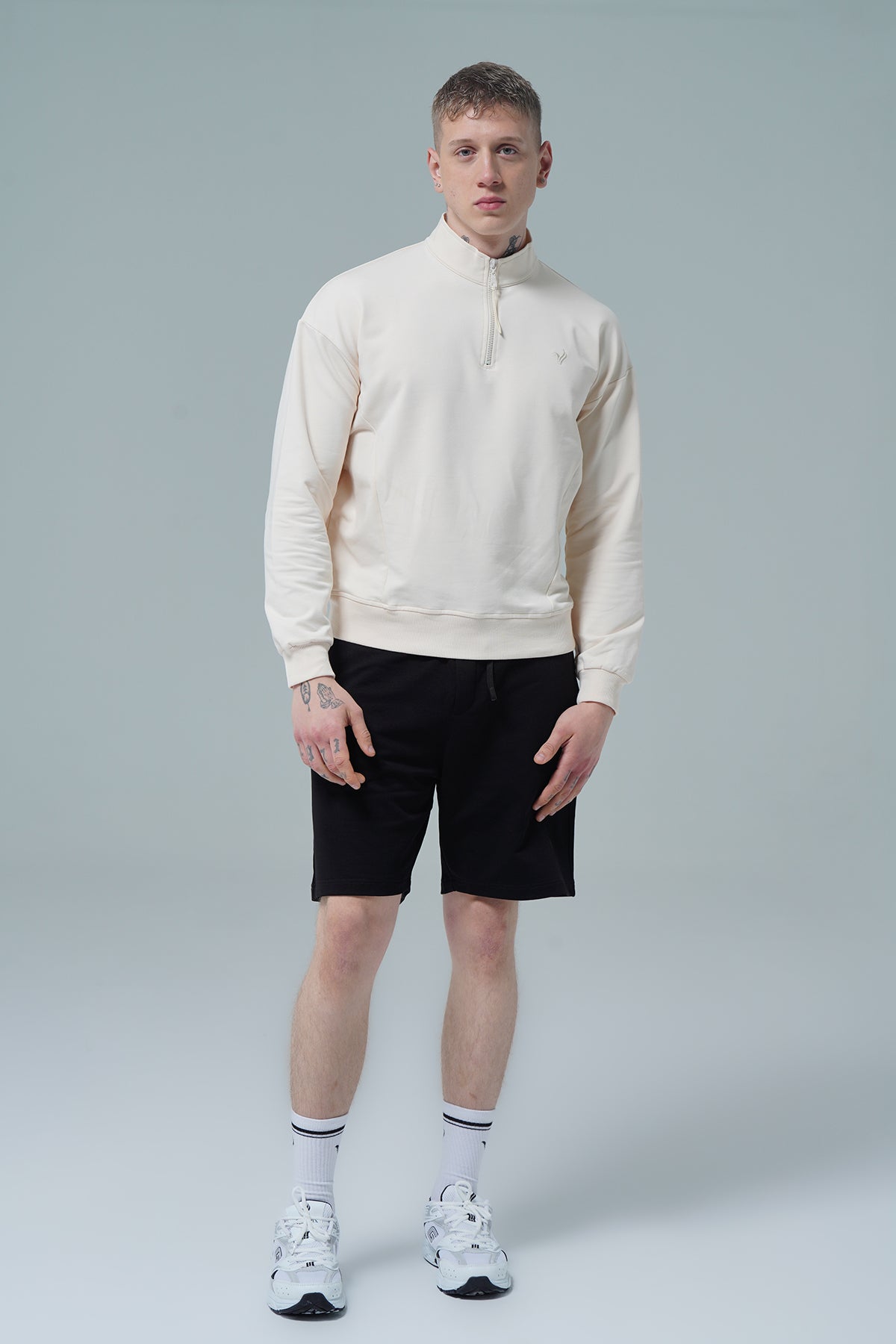 Daily Core - Bej Yarım Fermuarlı Pamuklu Erkek Oversize Sweatshirt