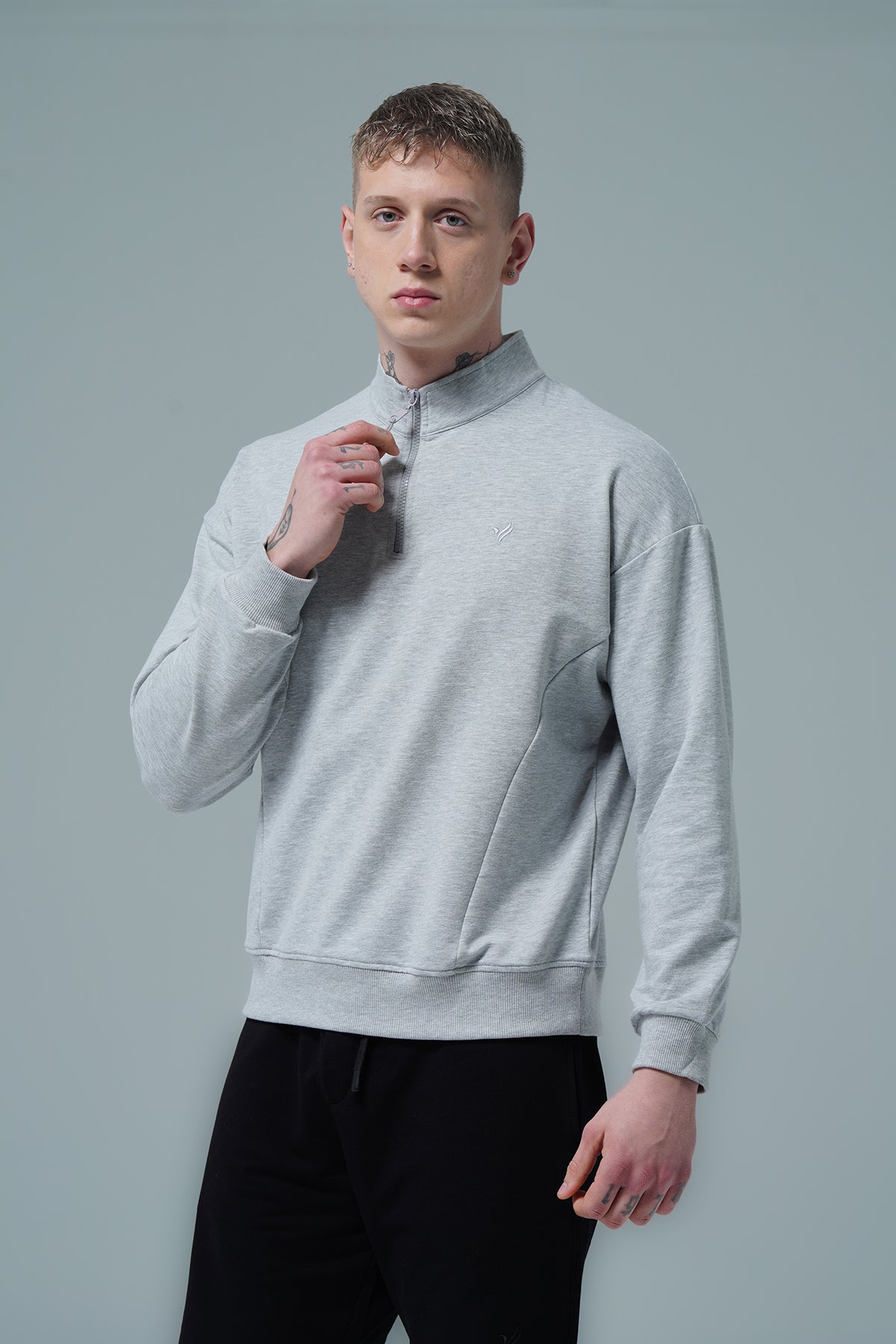 Daily Core - Gri Melanj Yarım Fermuarlı Pamuklu Erkek Oversize Sweatshirt