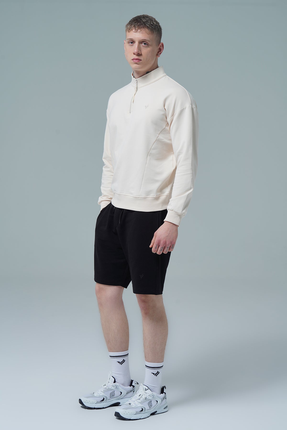 Daily Core - Bej Yarım Fermuarlı Pamuklu Erkek Oversize Sweatshirt