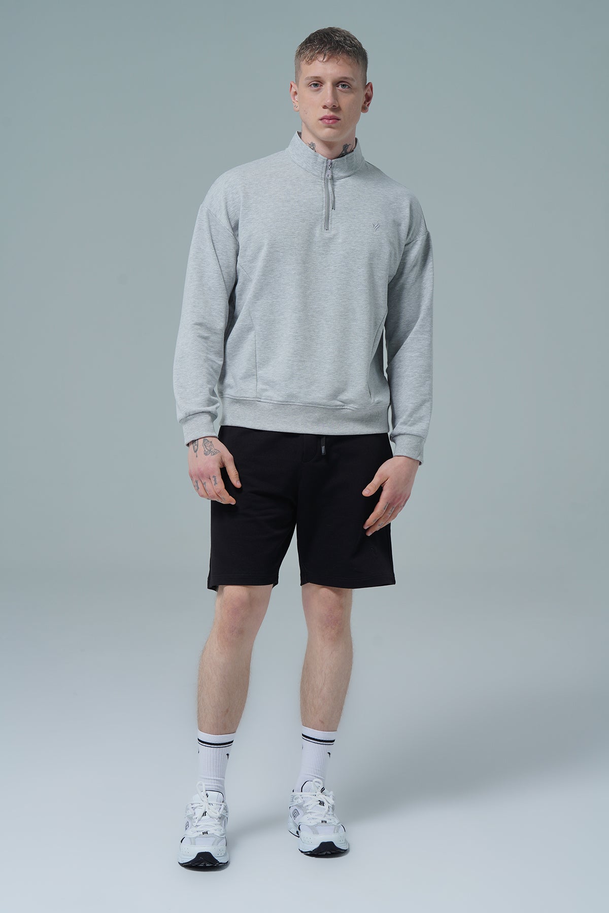 Daily Core - Gri Melanj Yarım Fermuarlı Pamuklu Erkek Oversize Sweatshirt