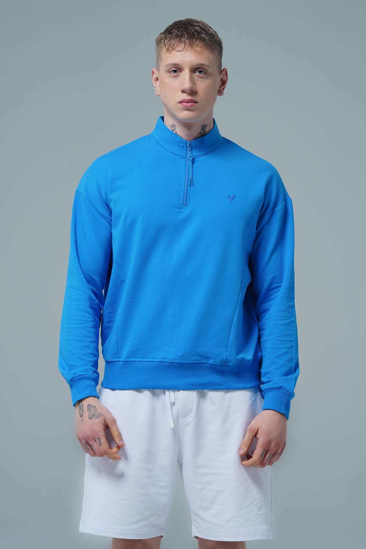Daily Core - Mavi Yarım Fermuarlı Pamuklu Erkek Oversize Sweatshirt