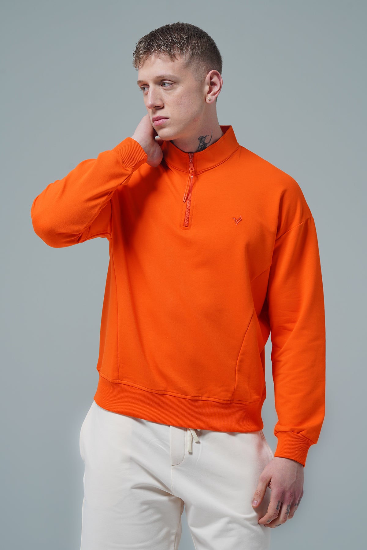 Daily Core - Turuncu Yarım Fermuarlı Pamuklu Erkek Oversize Sweatshirt