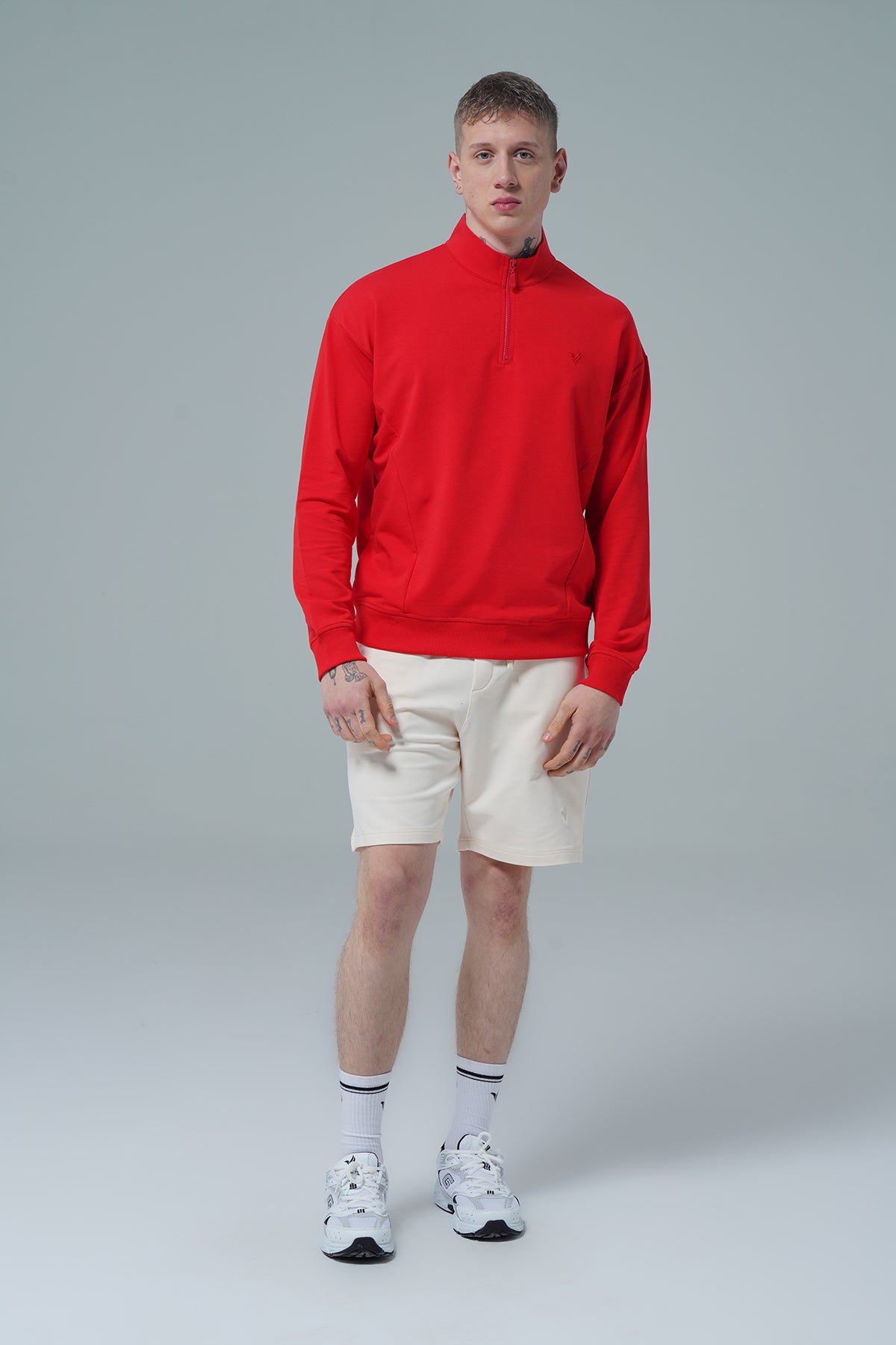 Daily Core - Kırmızı Yarım Fermuarlı Pamuklu Erkek Oversize Sweatshirt