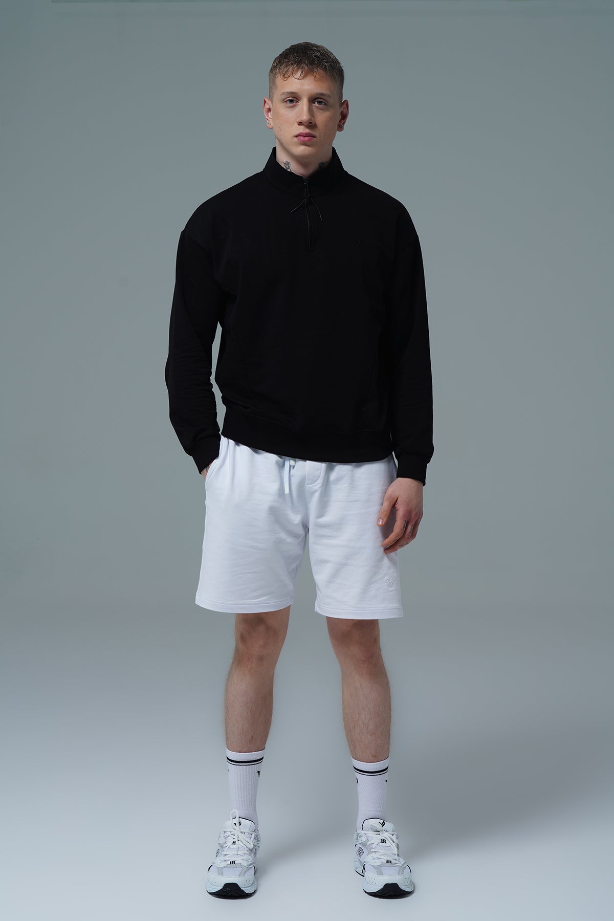 Daily Core - Siyah Yarım Fermuarlı Pamuklu Erkek Oversize Sweatshirt