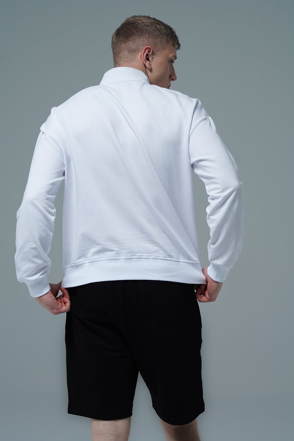 Daily Core - Beyaz Yarım Fermuarlı Pamuklu Erkek Oversize Sweatshirt