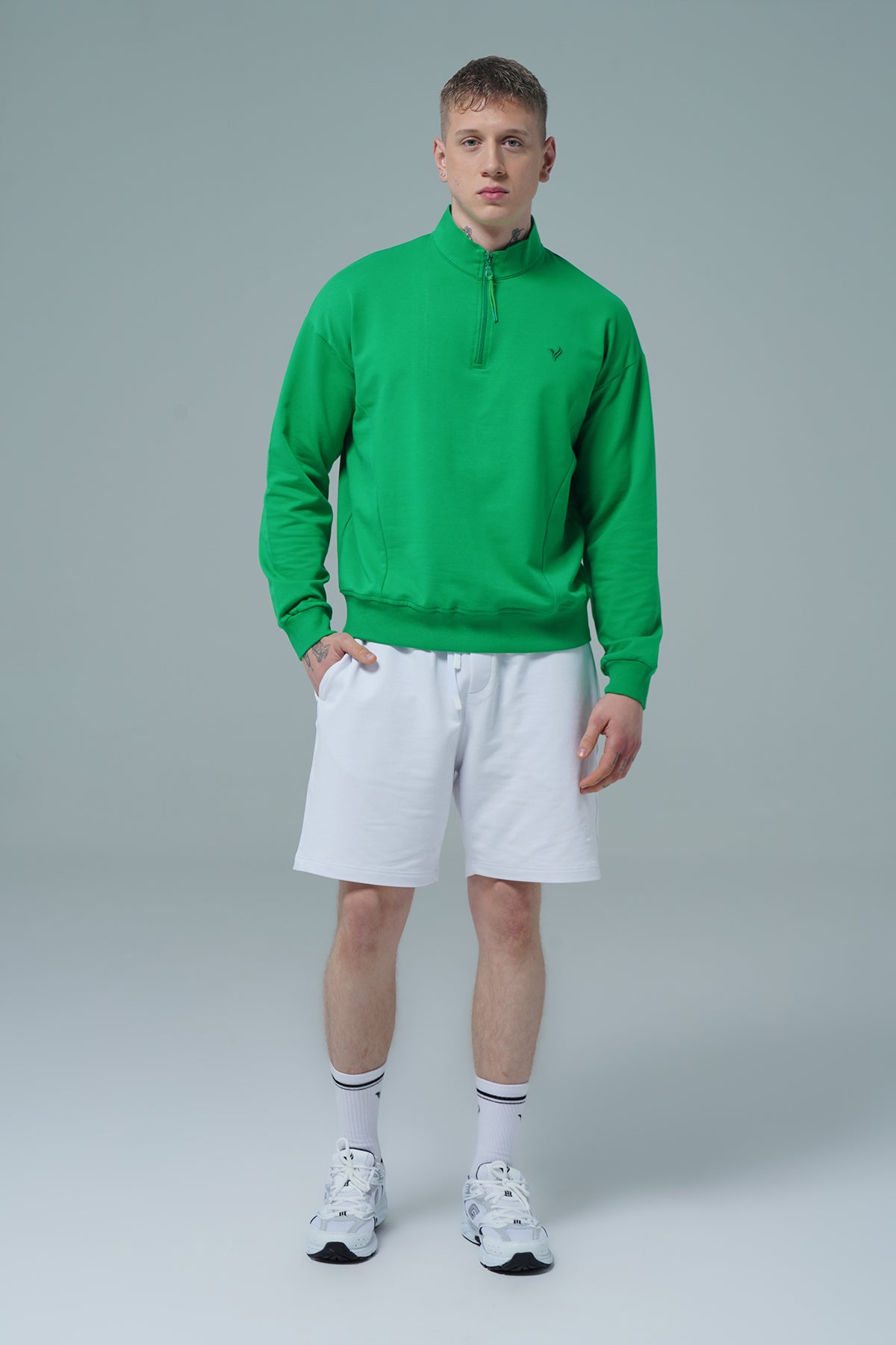 Daily Core - Yeşil Yarım Fermuarlı Pamuklu Erkek Oversize Sweatshirt