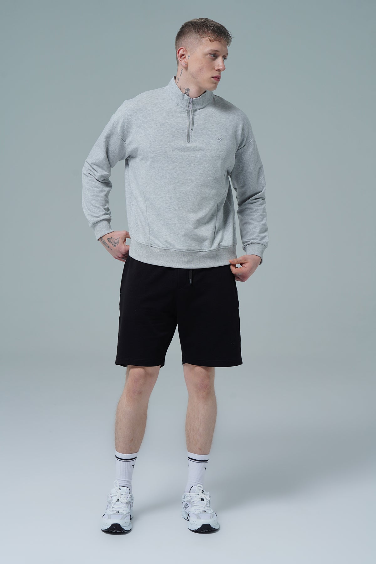Daily Core - Gri Melanj Yarım Fermuarlı Pamuklu Erkek Oversize Sweatshirt