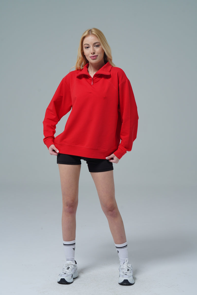Daily Core - Kırmızı Oversize Yarım Fermuarlı Crop Sweatshirt