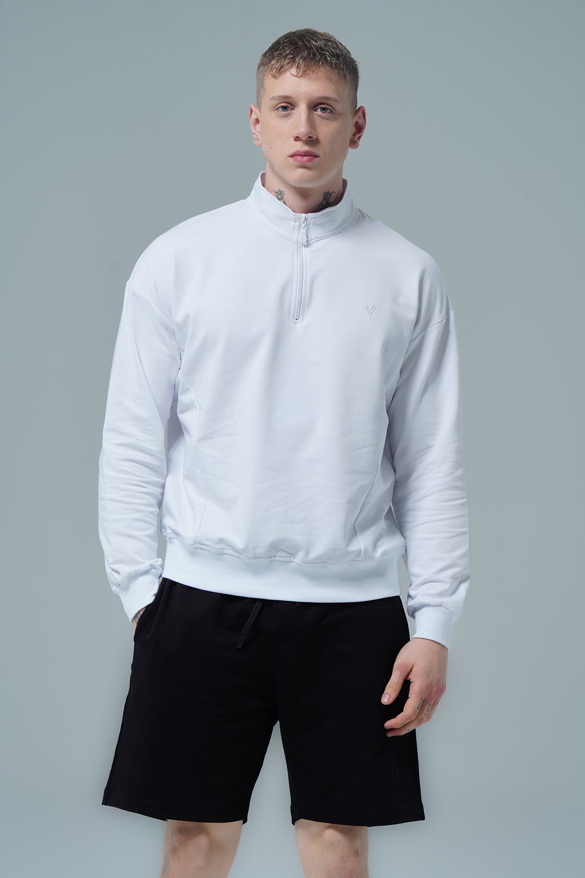 Daily Core - Beyaz Yarım Fermuarlı Pamuklu Erkek Oversize Sweatshirt
