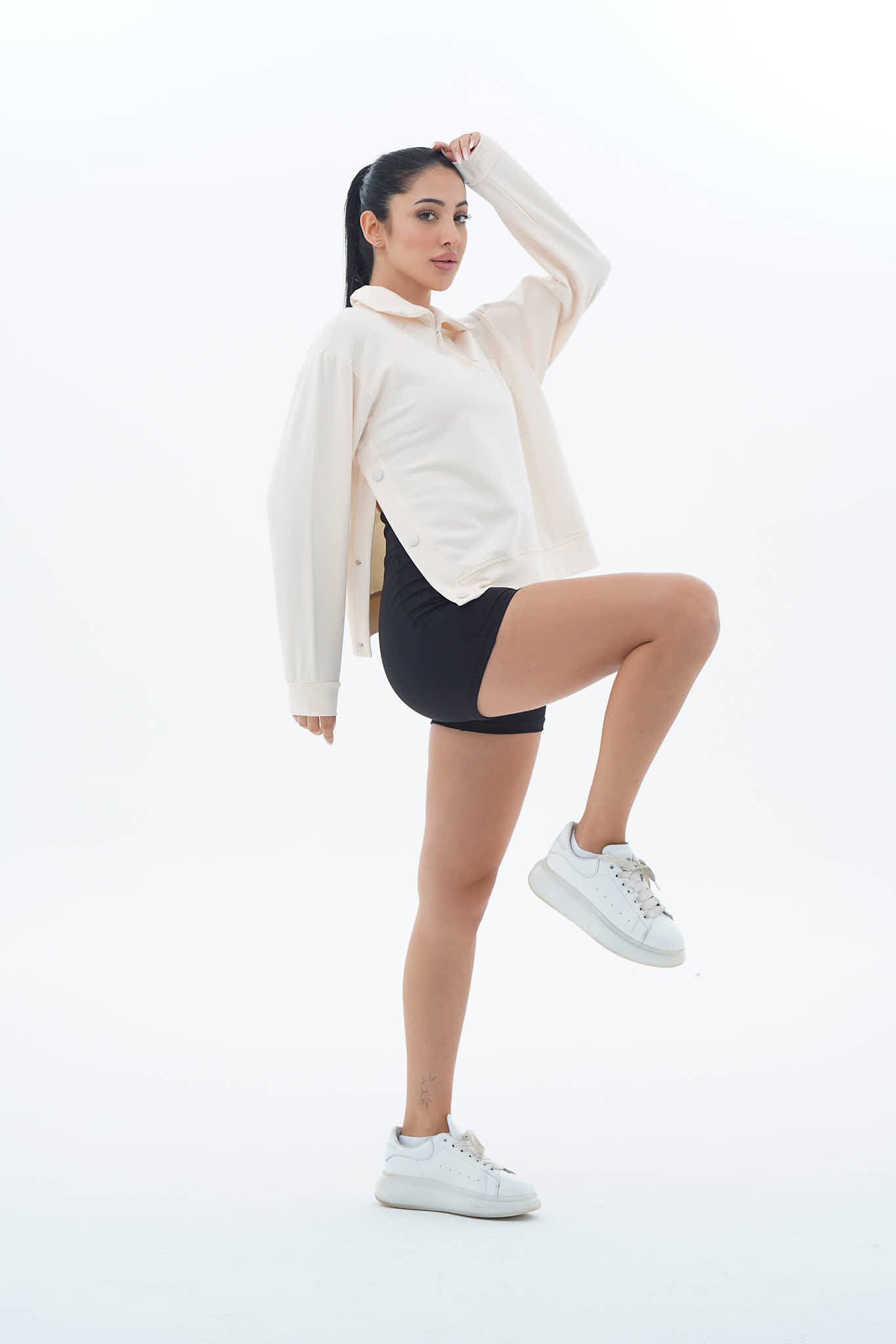 Daily Core - Bej Oversize Yarım Fermuarlı Crop Sweatshirt