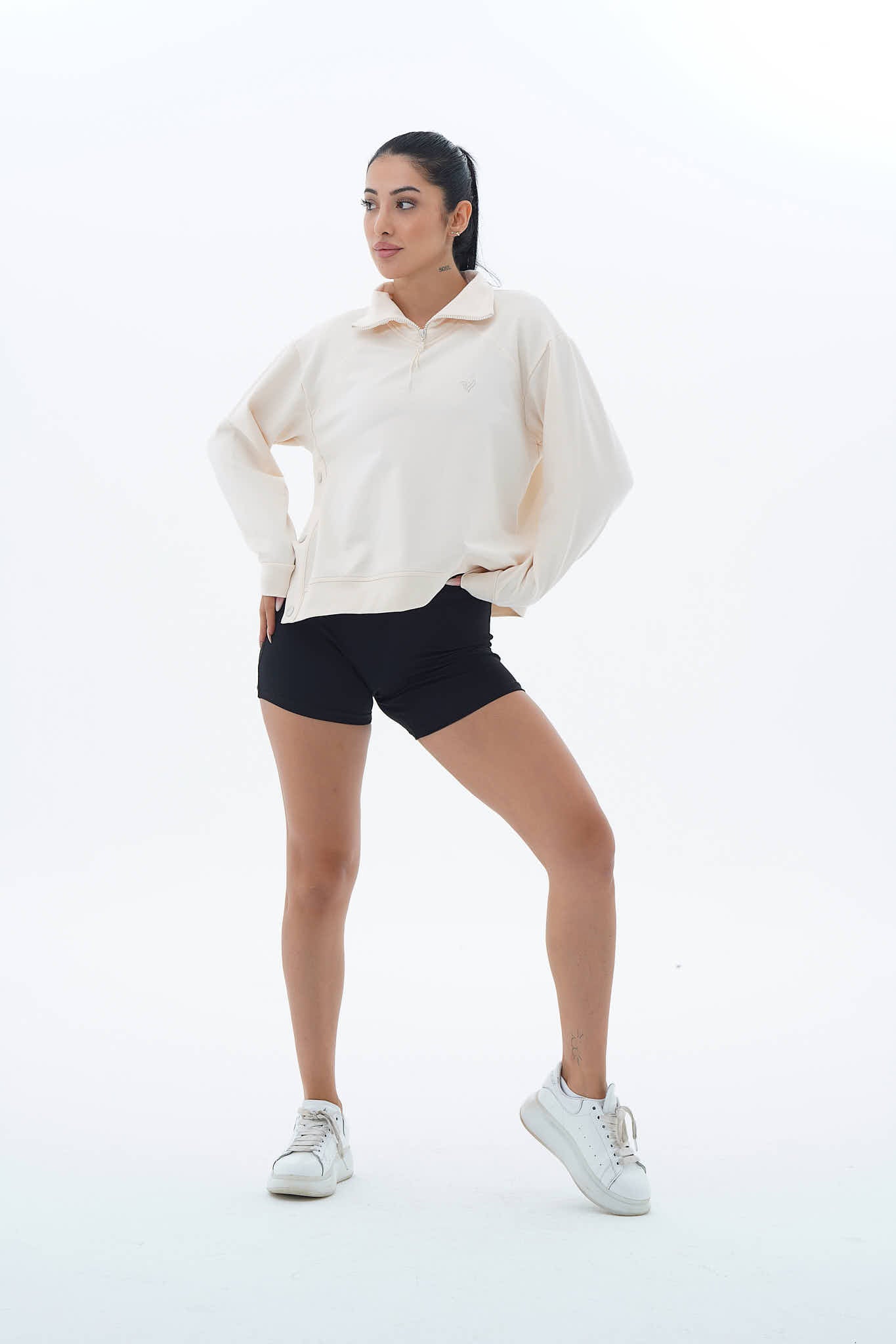 Daily Core - Bej Oversize Yarım Fermuarlı Crop Sweatshirt