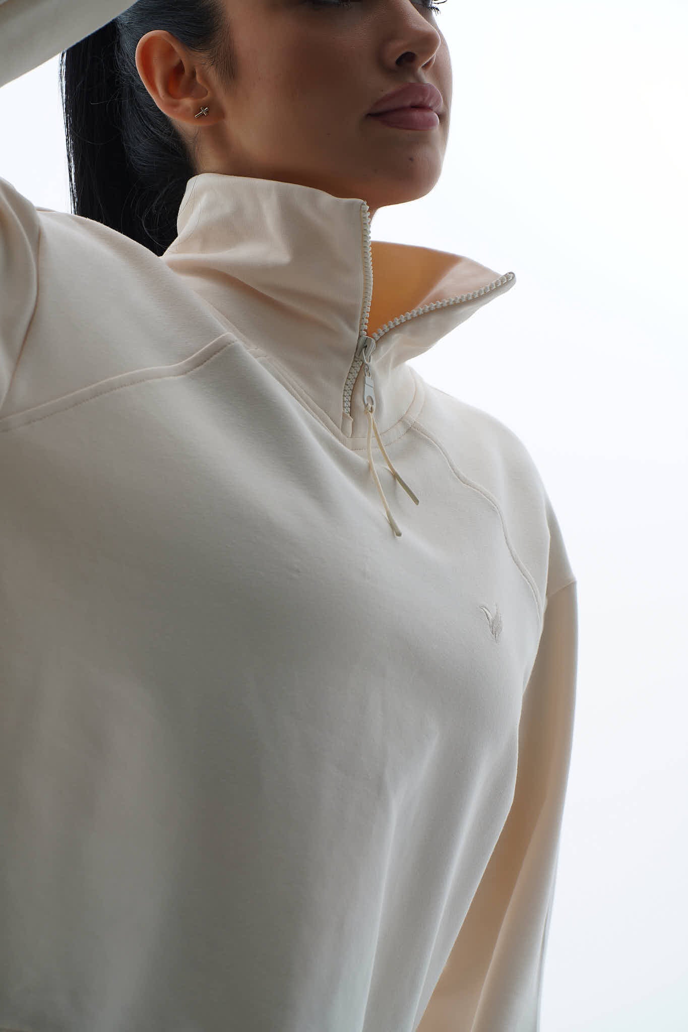 Daily Core - Bej Oversize Yarım Fermuarlı Crop Sweatshirt