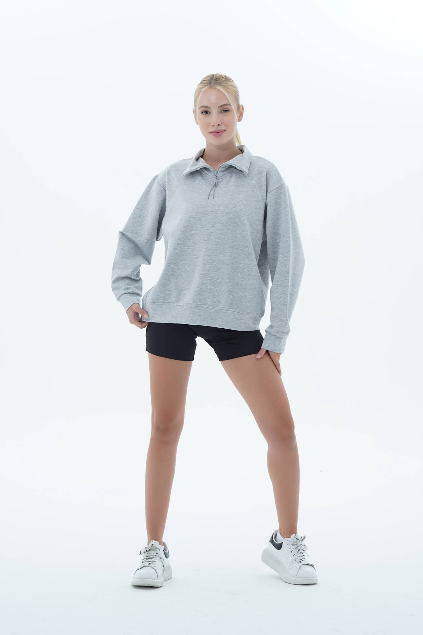 Daily Core - Gri Melanj Oversize Yarım Fermuarlı Crop Sweatshirt