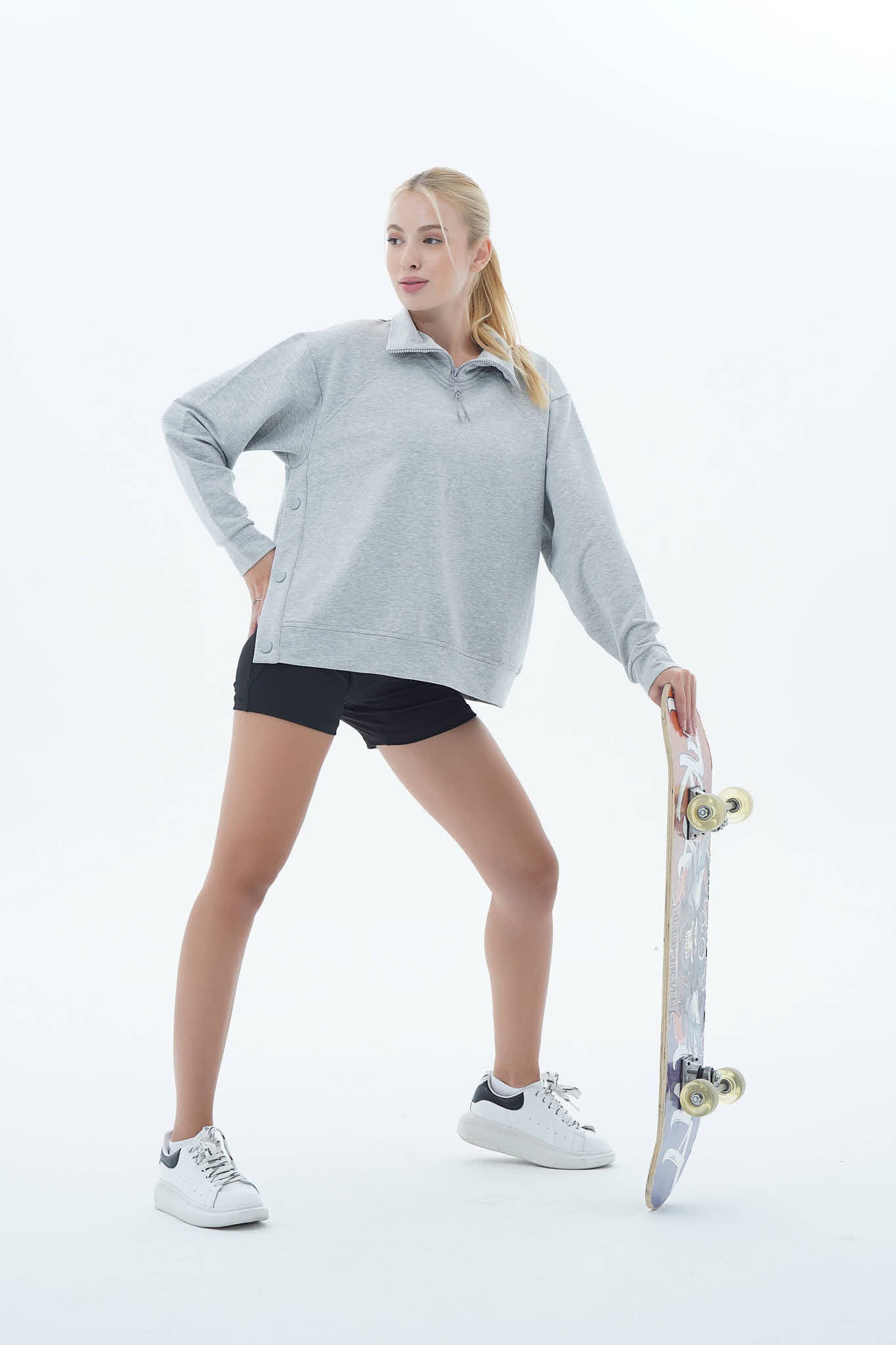 Daily Core - Gri Melanj Oversize Yarım Fermuarlı Crop Sweatshirt