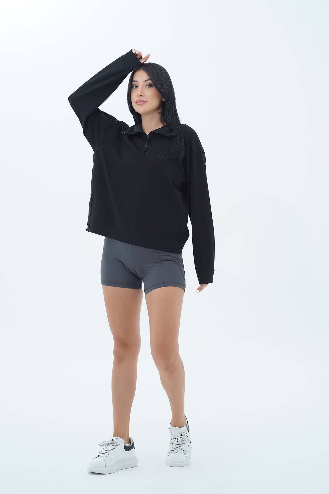 Daily Core - Siyah Oversize Yarım Fermuarlı Crop Sweatshirt
