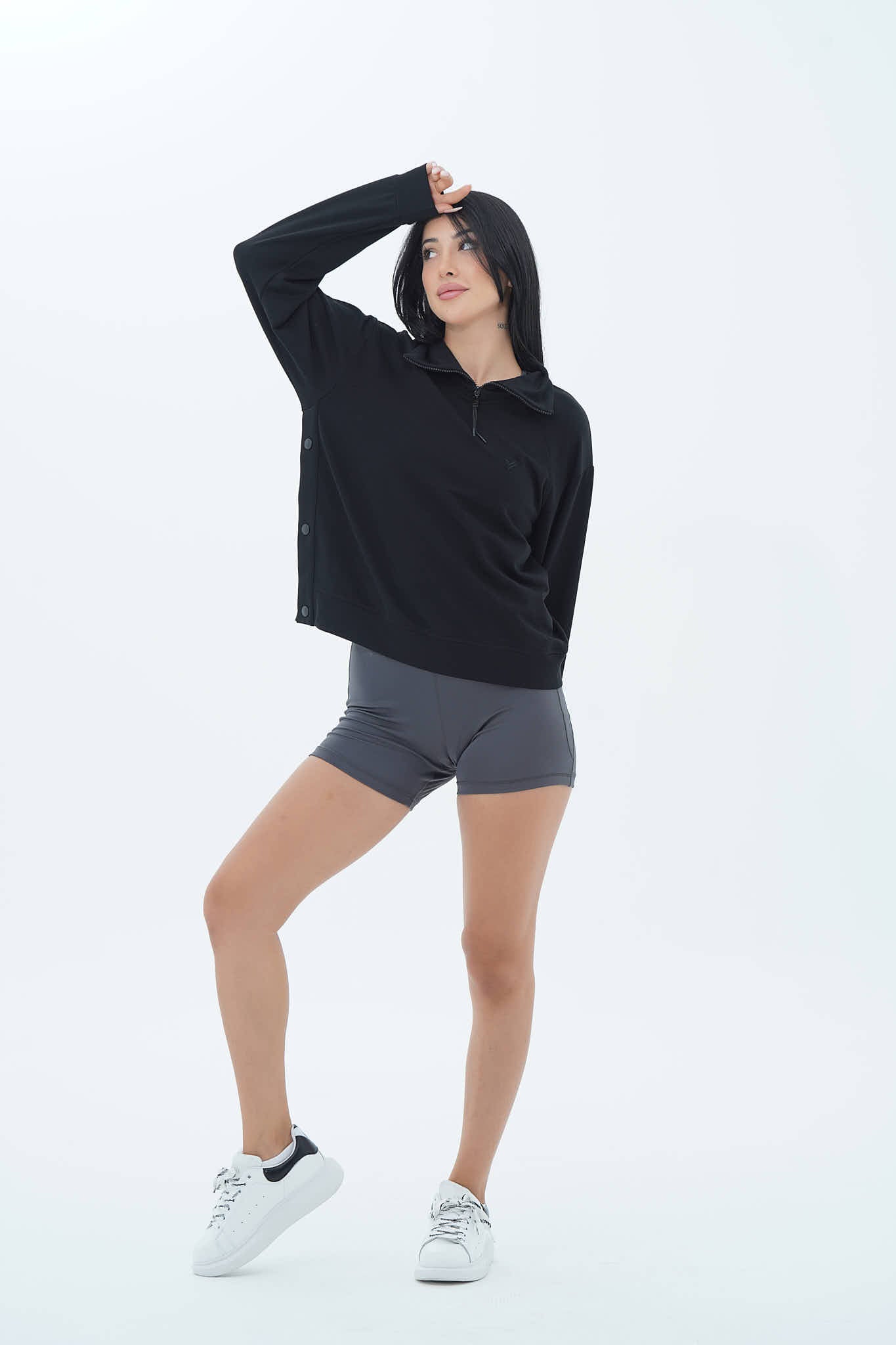 Daily Core - Siyah Oversize Yarım Fermuarlı Crop Sweatshirt