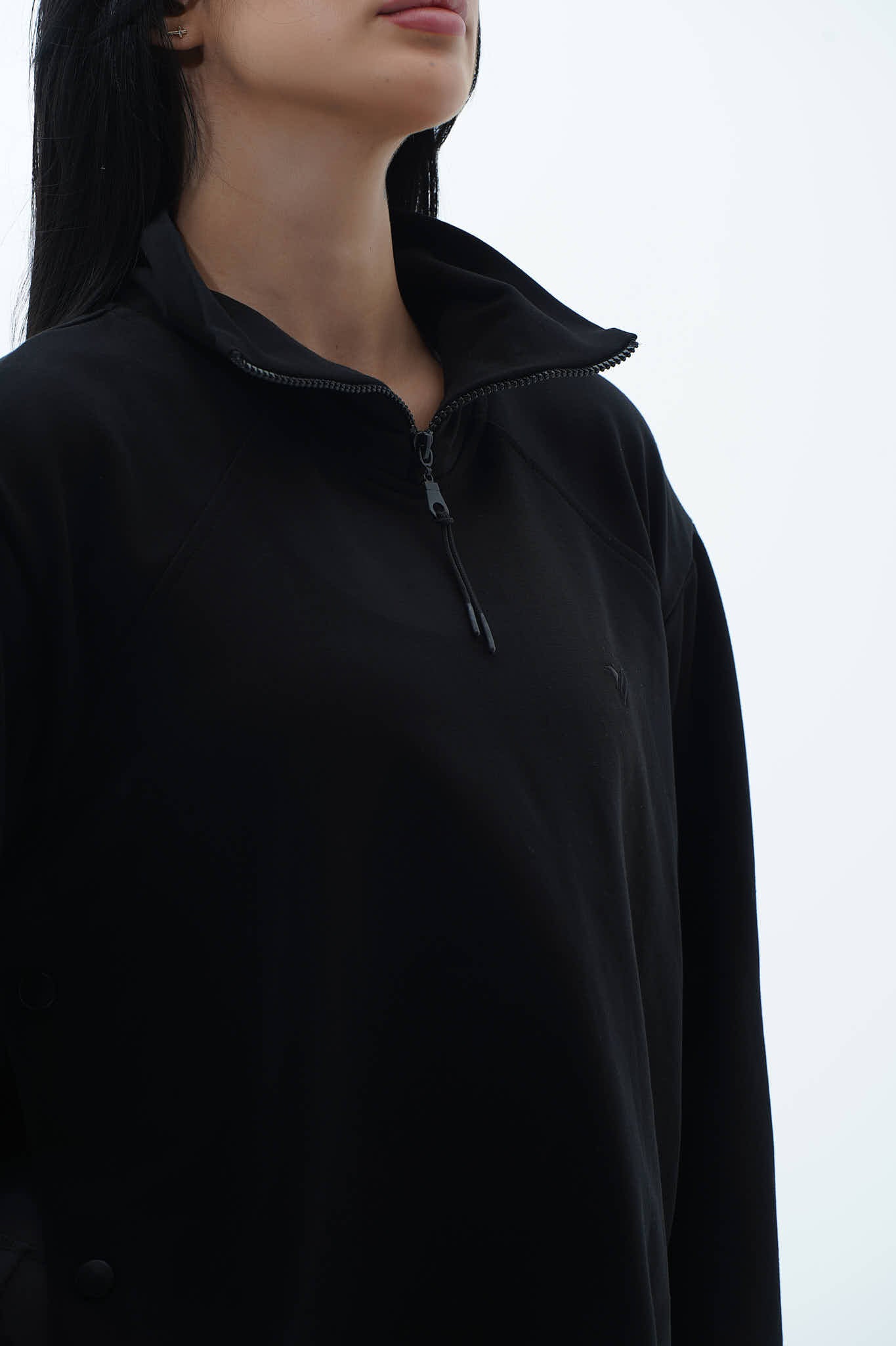 Daily Core - Siyah Oversize Yarım Fermuarlı Crop Sweatshirt