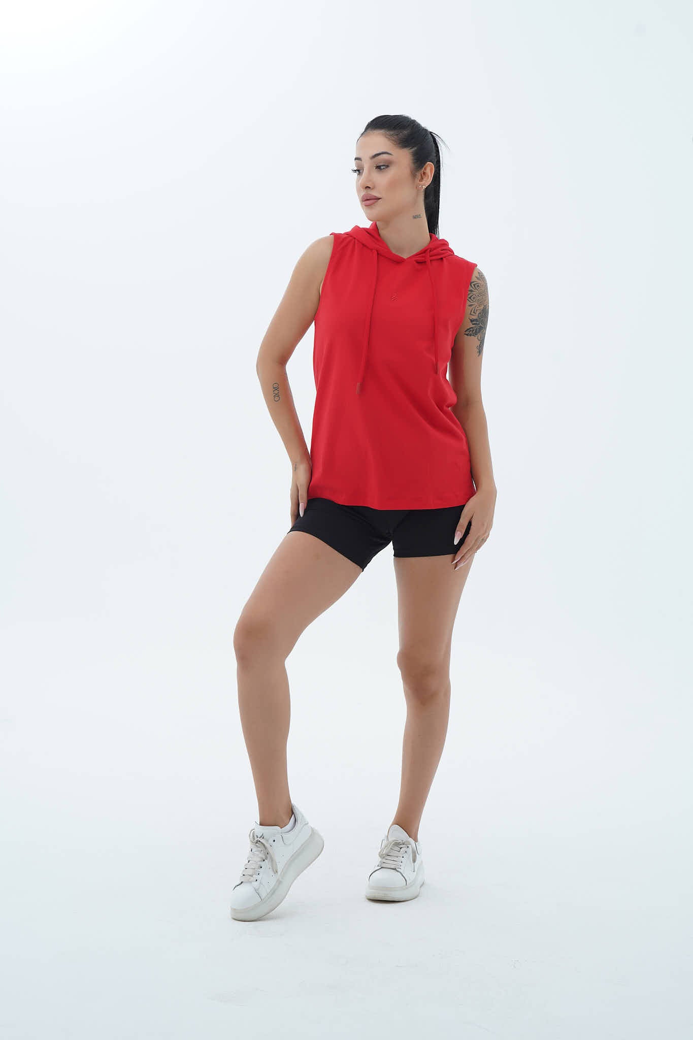 Pure Comfort - Kırmızı Rahat Kesim Pamuklu Kapüşonlu Kadın Spor Atleti