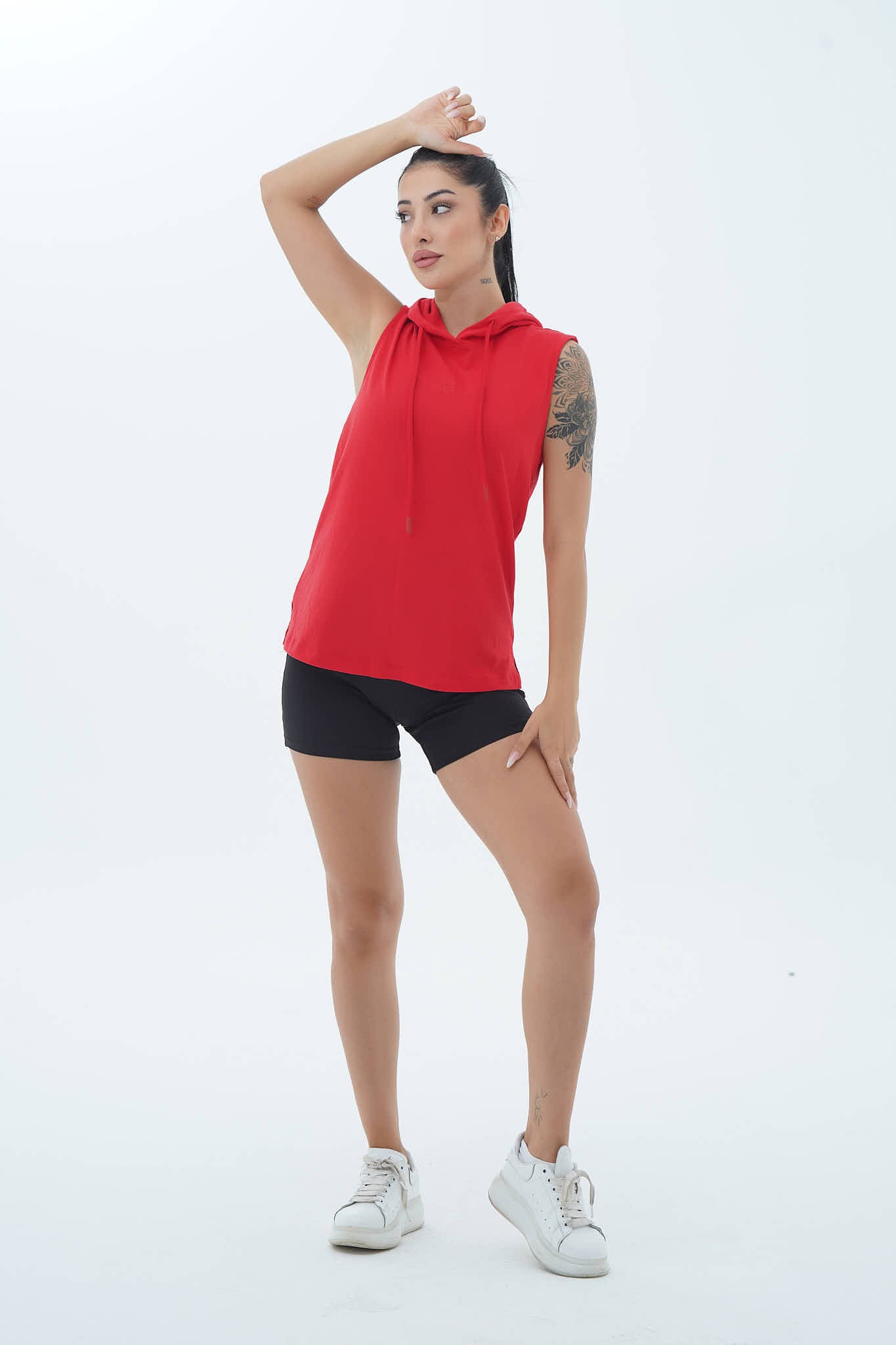 Pure Comfort - Kırmızı Rahat Kesim Pamuklu Kapüşonlu Kadın Spor Atleti