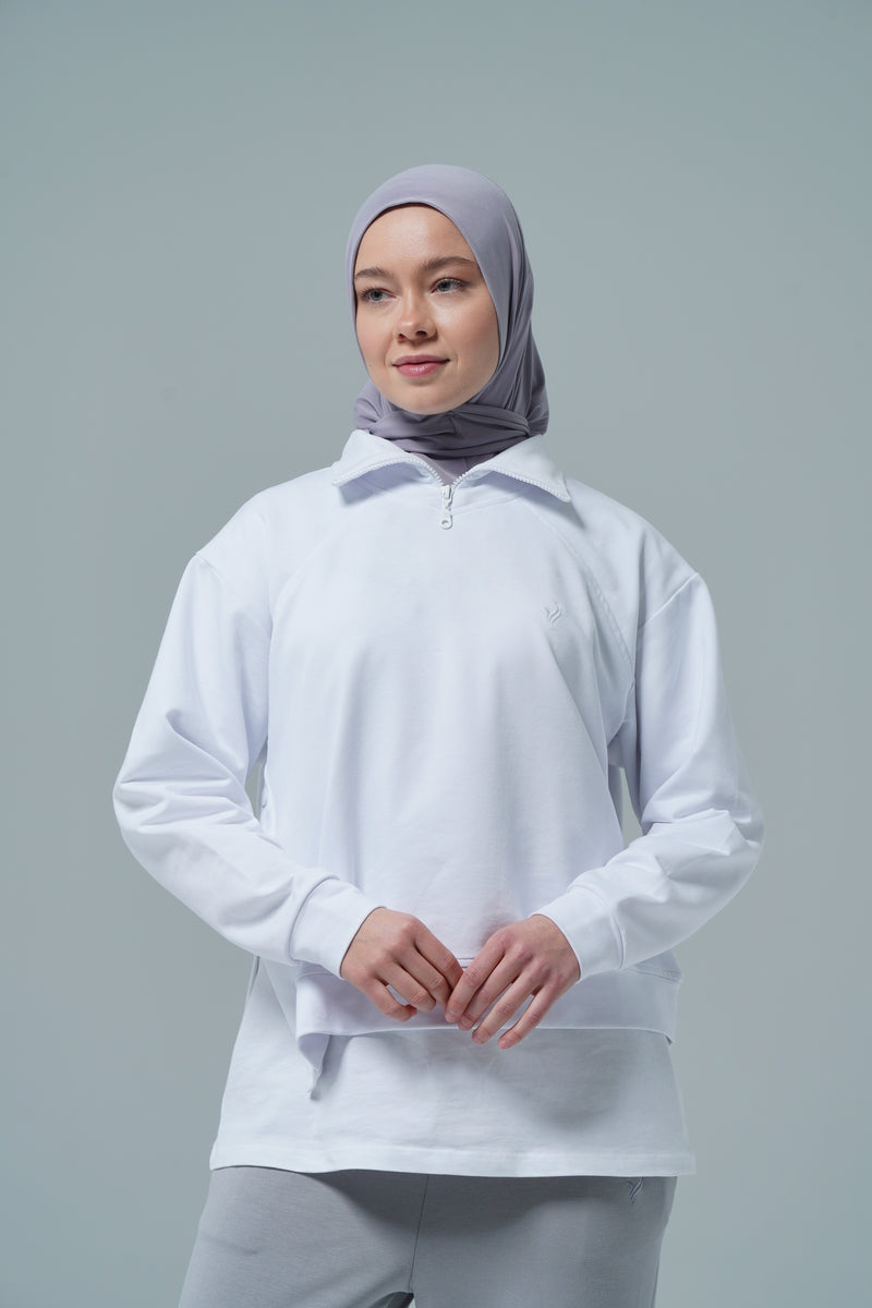 Beyaz V Yaka Tesettür Sweatshirt