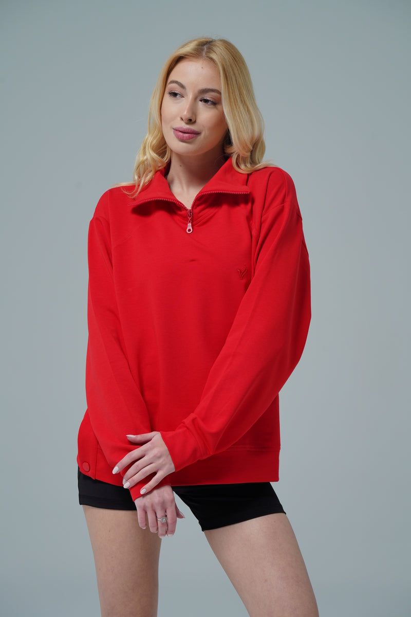 Kırmızı Oversize Yarım Fermuarlı Crop Sweatshirt