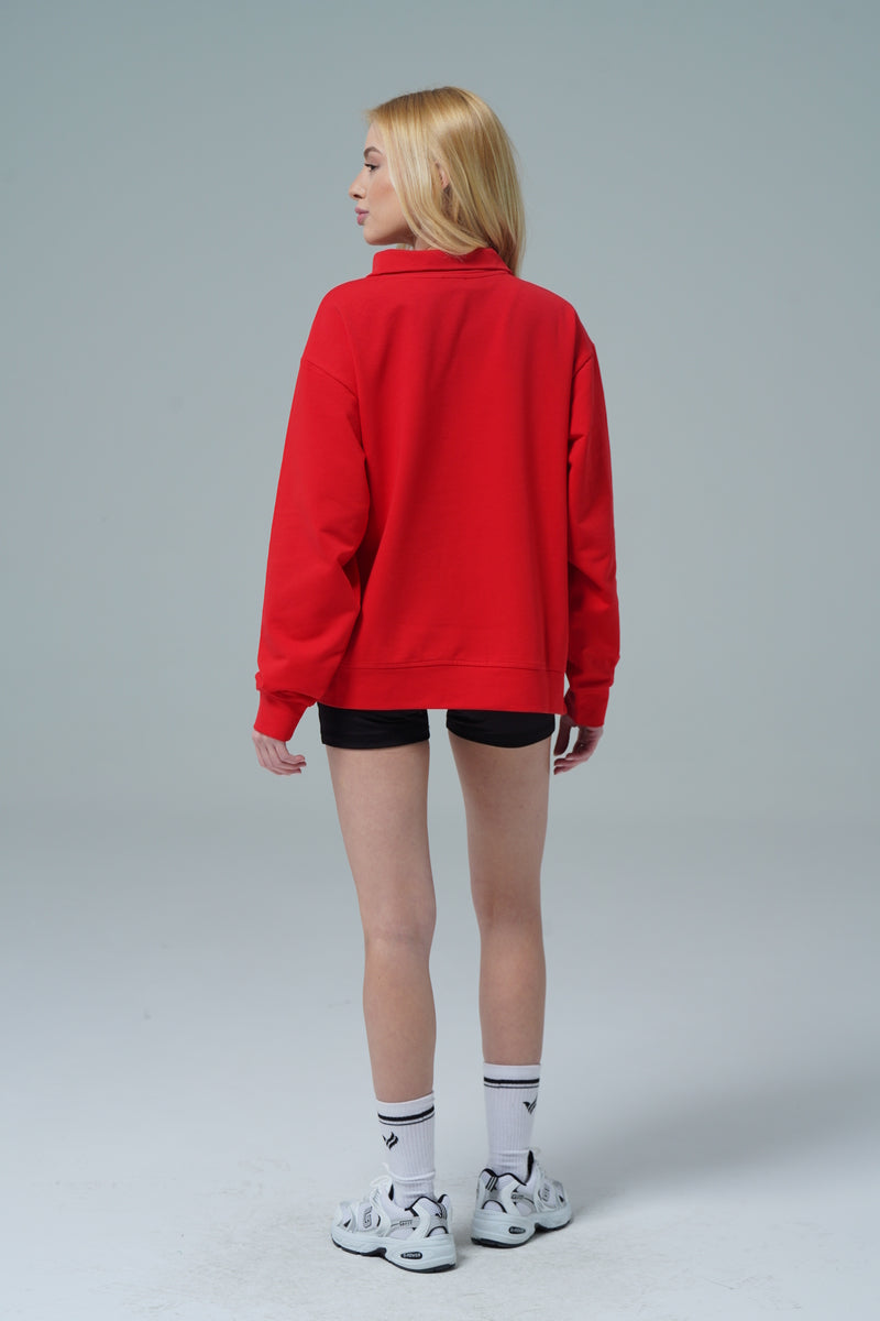 Kırmızı Oversize Yarım Fermuarlı Crop Sweatshirt