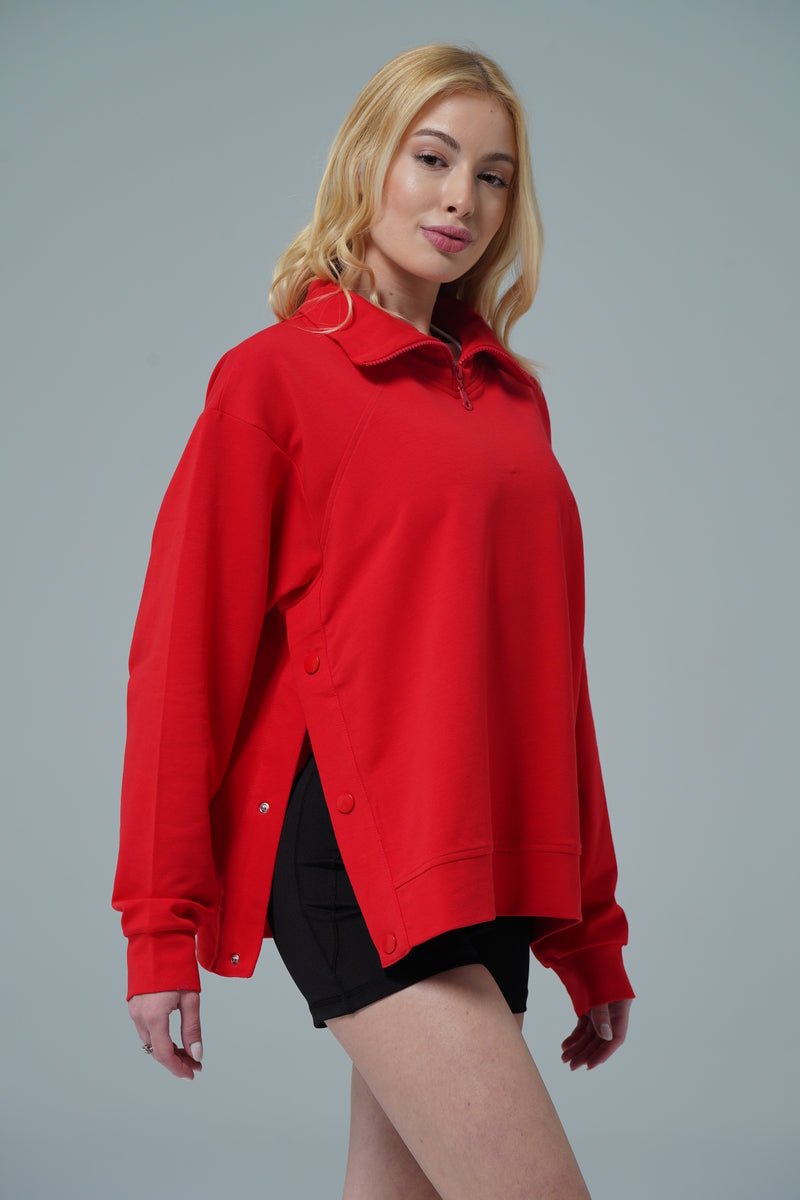 Kırmızı Oversize Yarım Fermuarlı Crop Sweatshirt