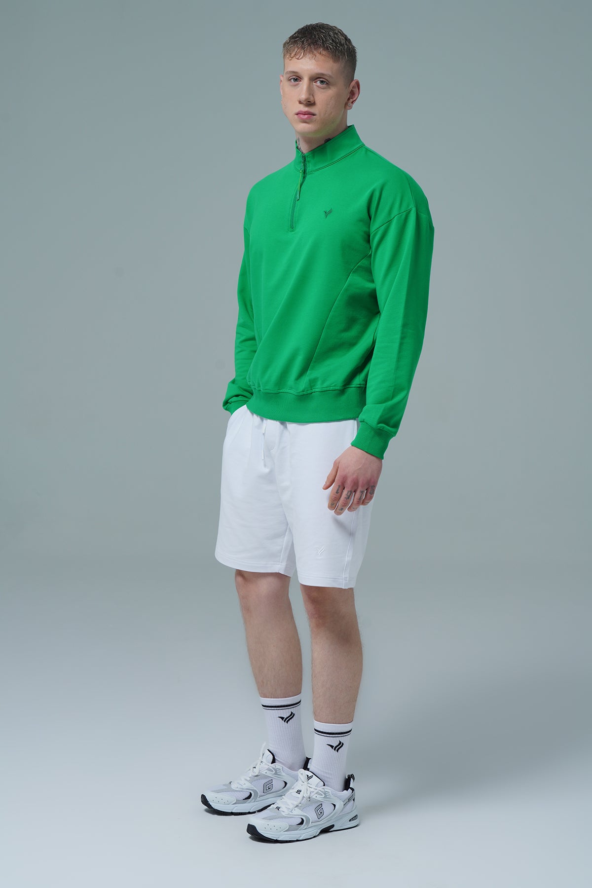 Daily Core - Yeşil Yarım Fermuarlı Pamuklu Erkek Oversize Sweatshirt