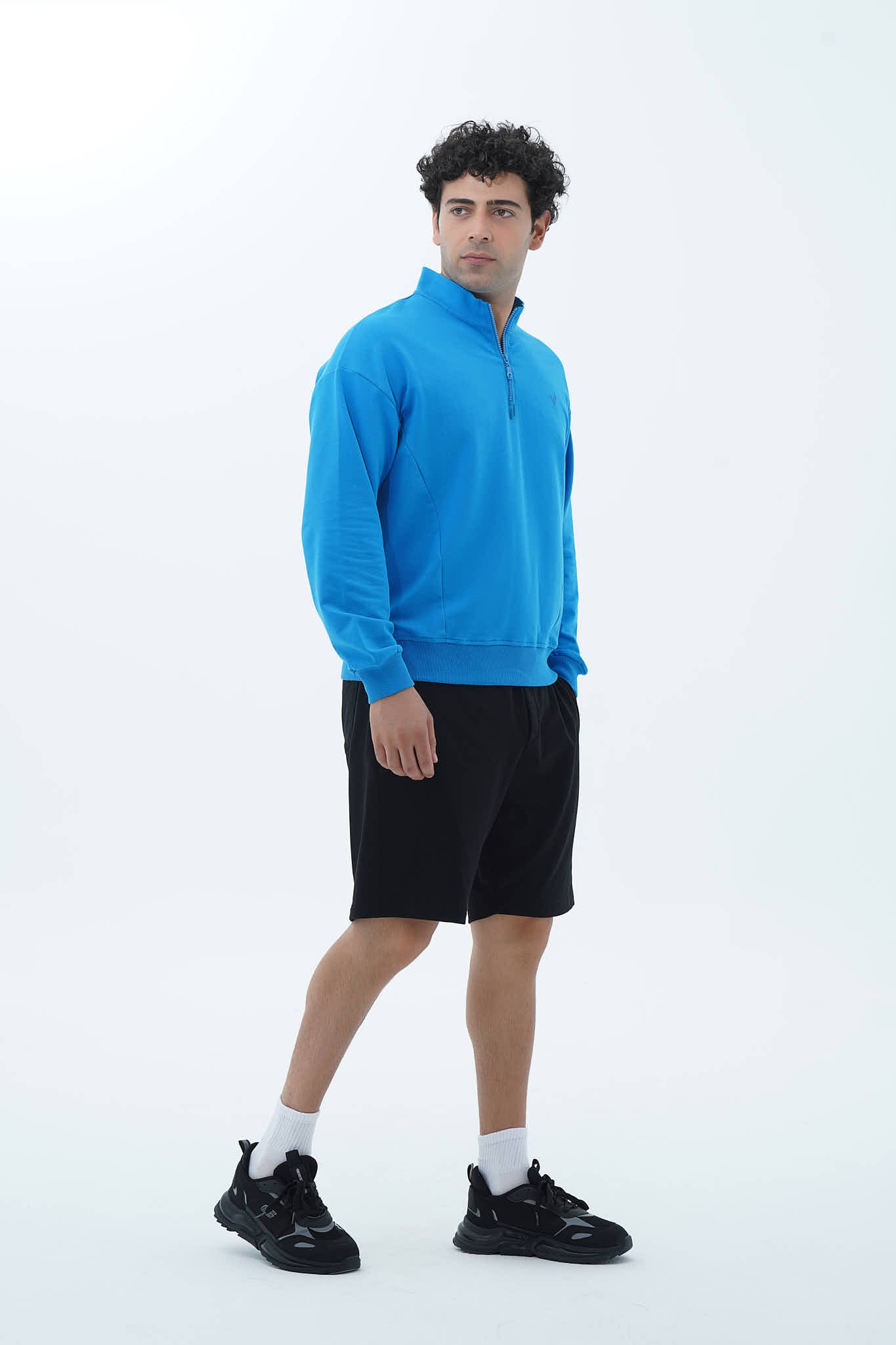 Mavi Yarım Fermuarlı Pamuklu Erkek Oversize Sweatshirt