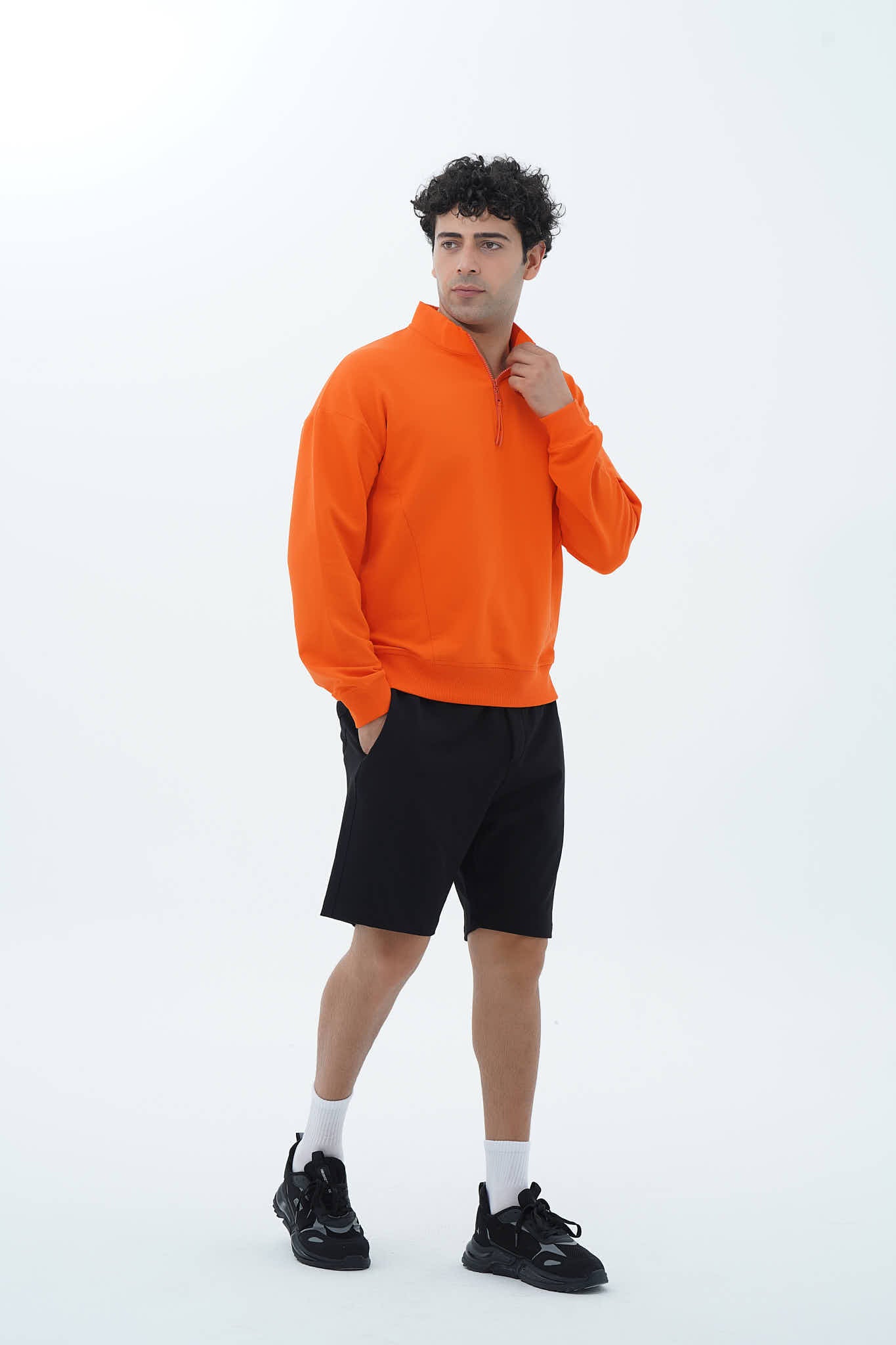 Turuncu Yarım Fermuarlı Pamuklu Erkek Oversize Sweatshirt