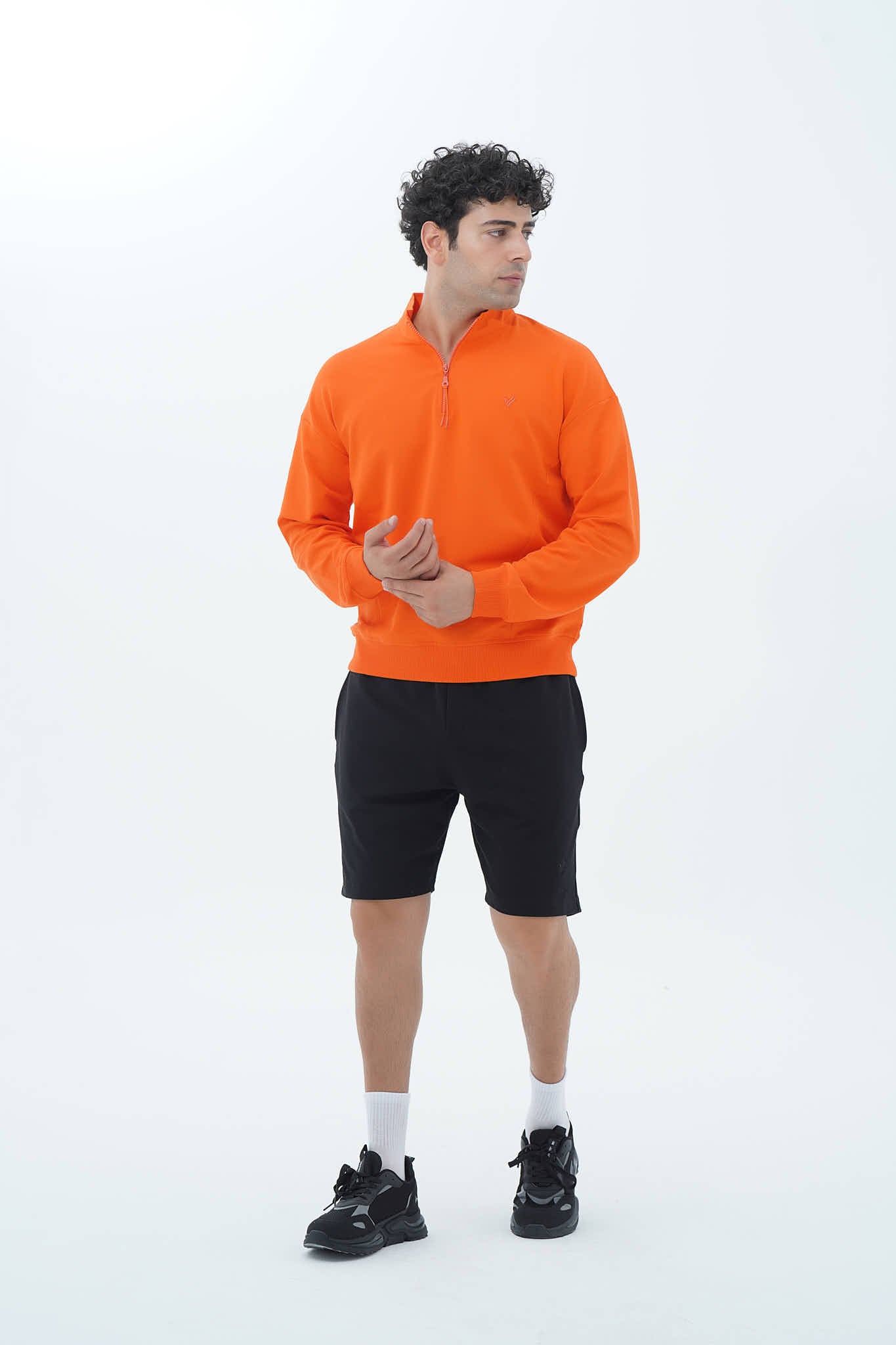 Turuncu Yarım Fermuarlı Pamuklu Erkek Oversize Sweatshirt