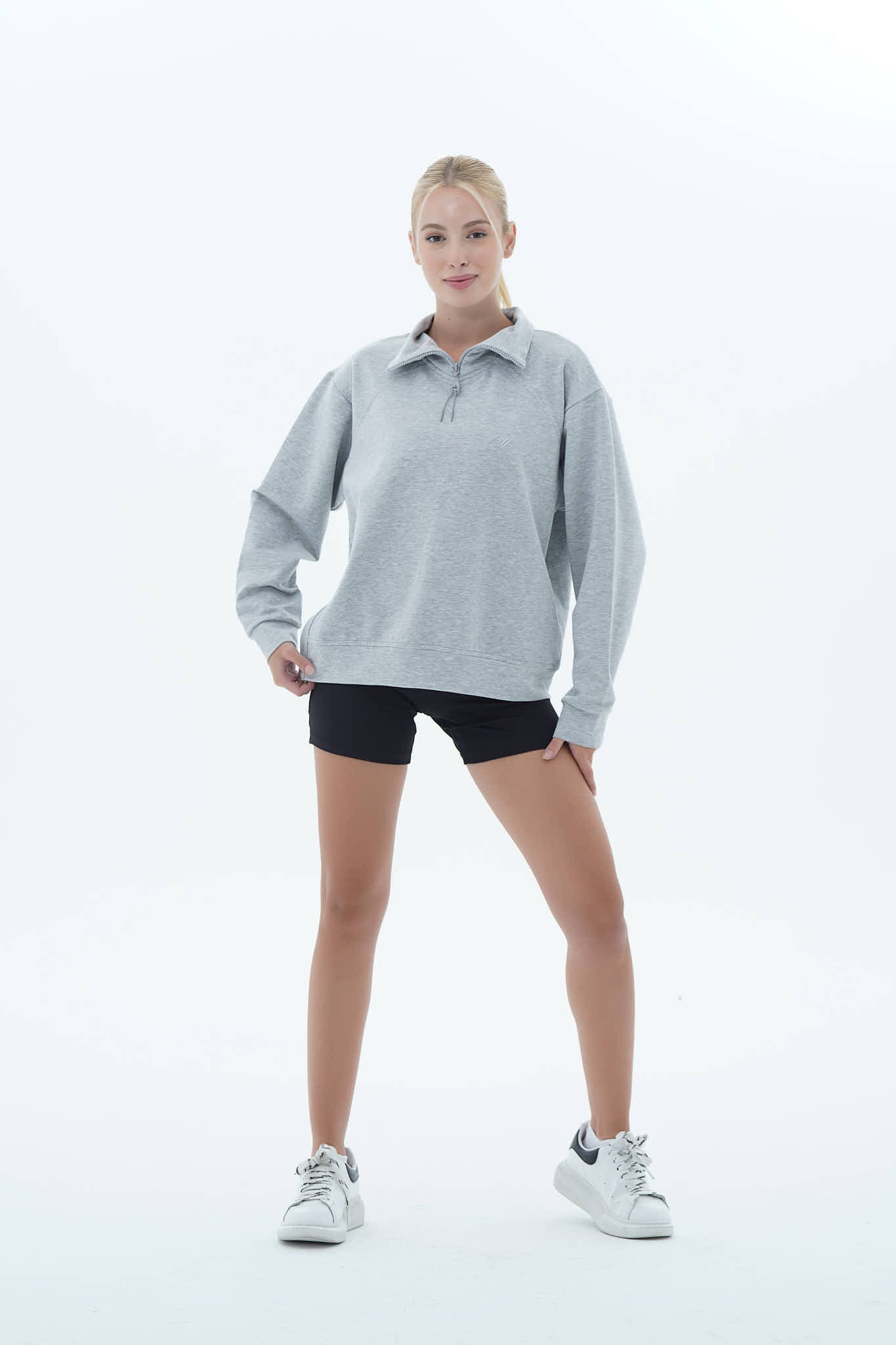 Gri Melanj Oversize Yarım Fermuarlı Crop Sweatshirt