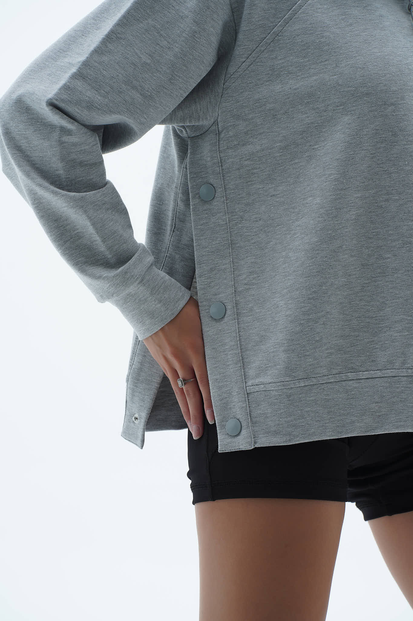 Gri Melanj Oversize Yarım Fermuarlı Crop Sweatshirt