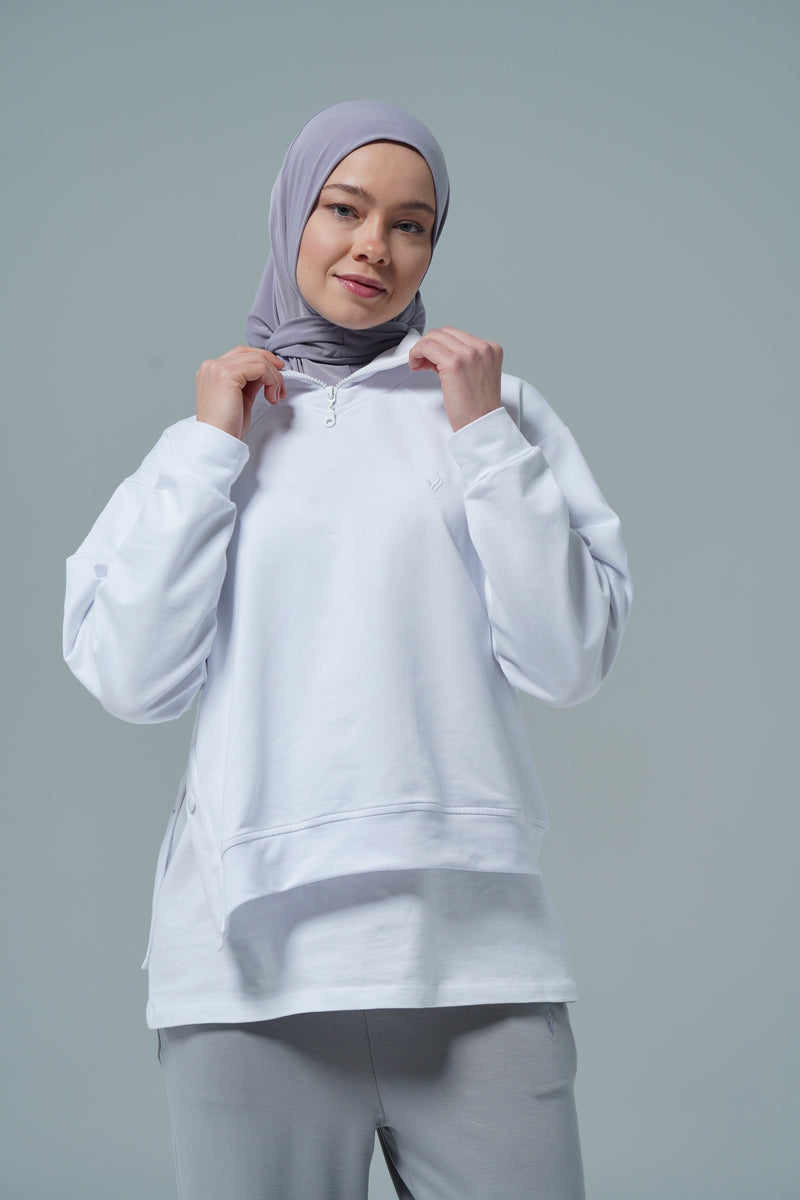 Beyaz V Yaka Tesettür Sweatshirt