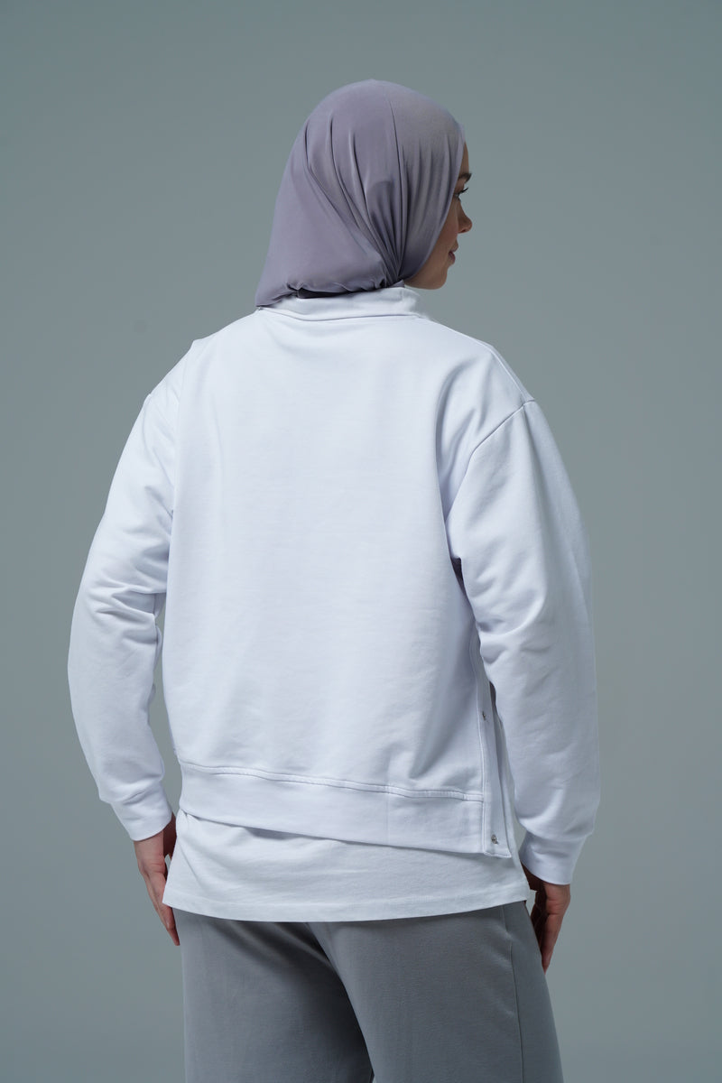Beyaz V Yaka Tesettür Sweatshirt